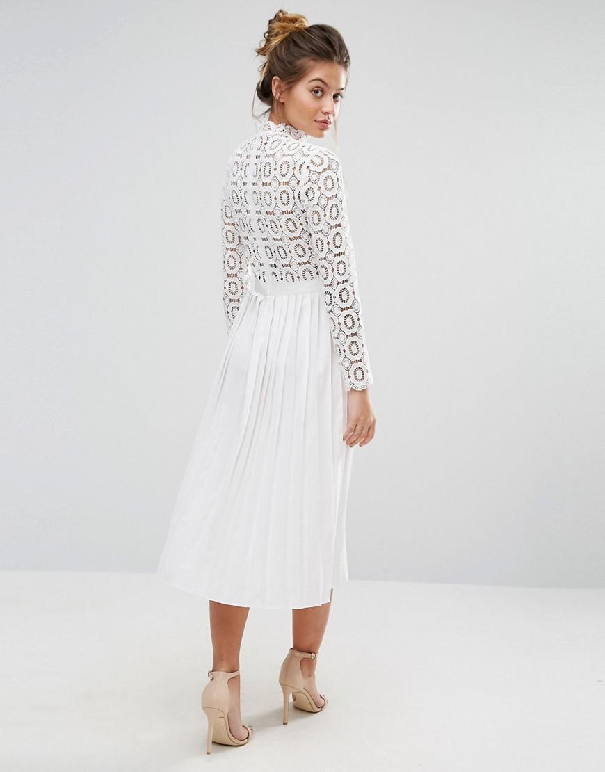 Little Mistress Premium Lace Pleated Midi Dress in White | Lyst