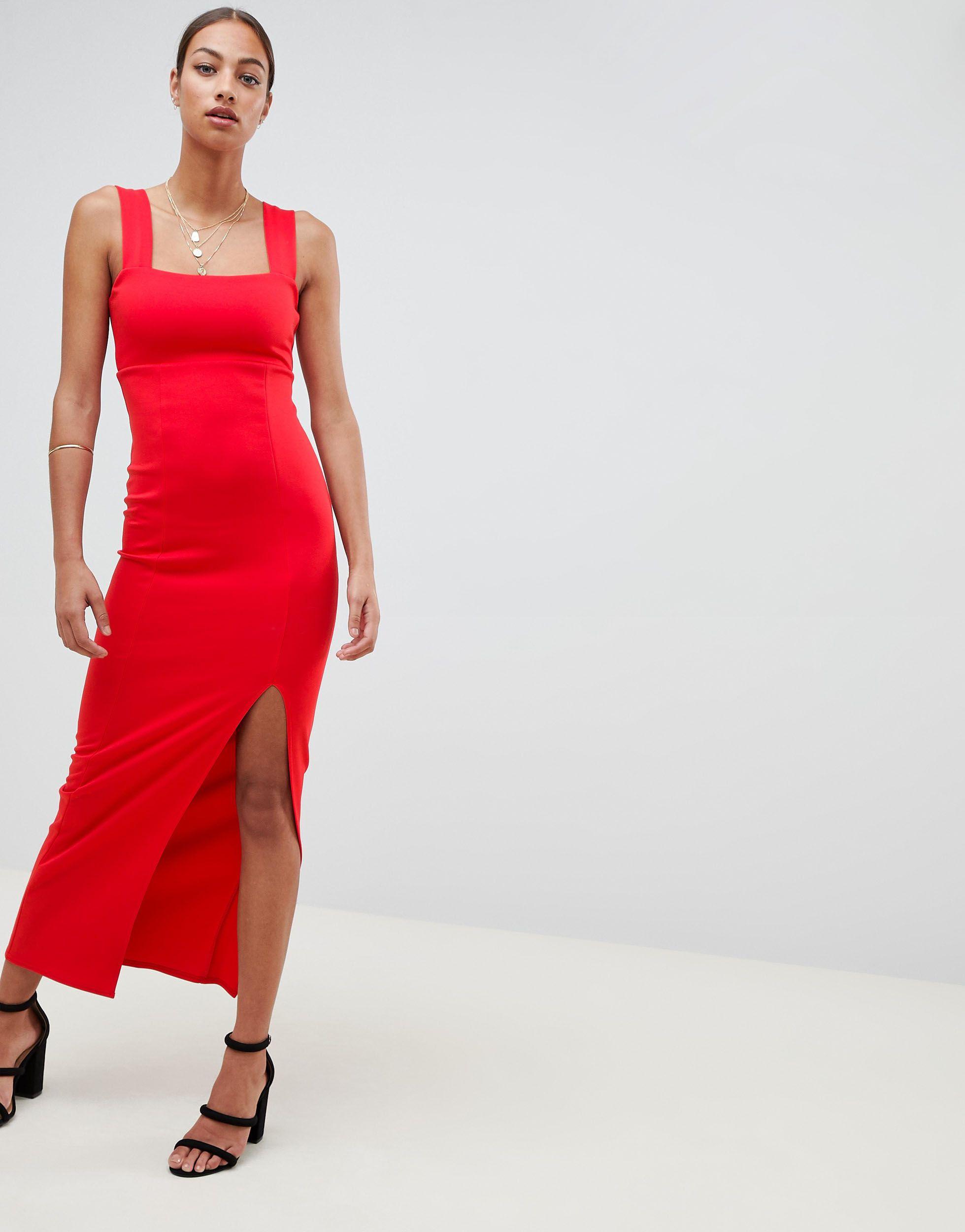 ASOS Denim Square Neck Maxi Dress With Thigh Split in Red Lyst