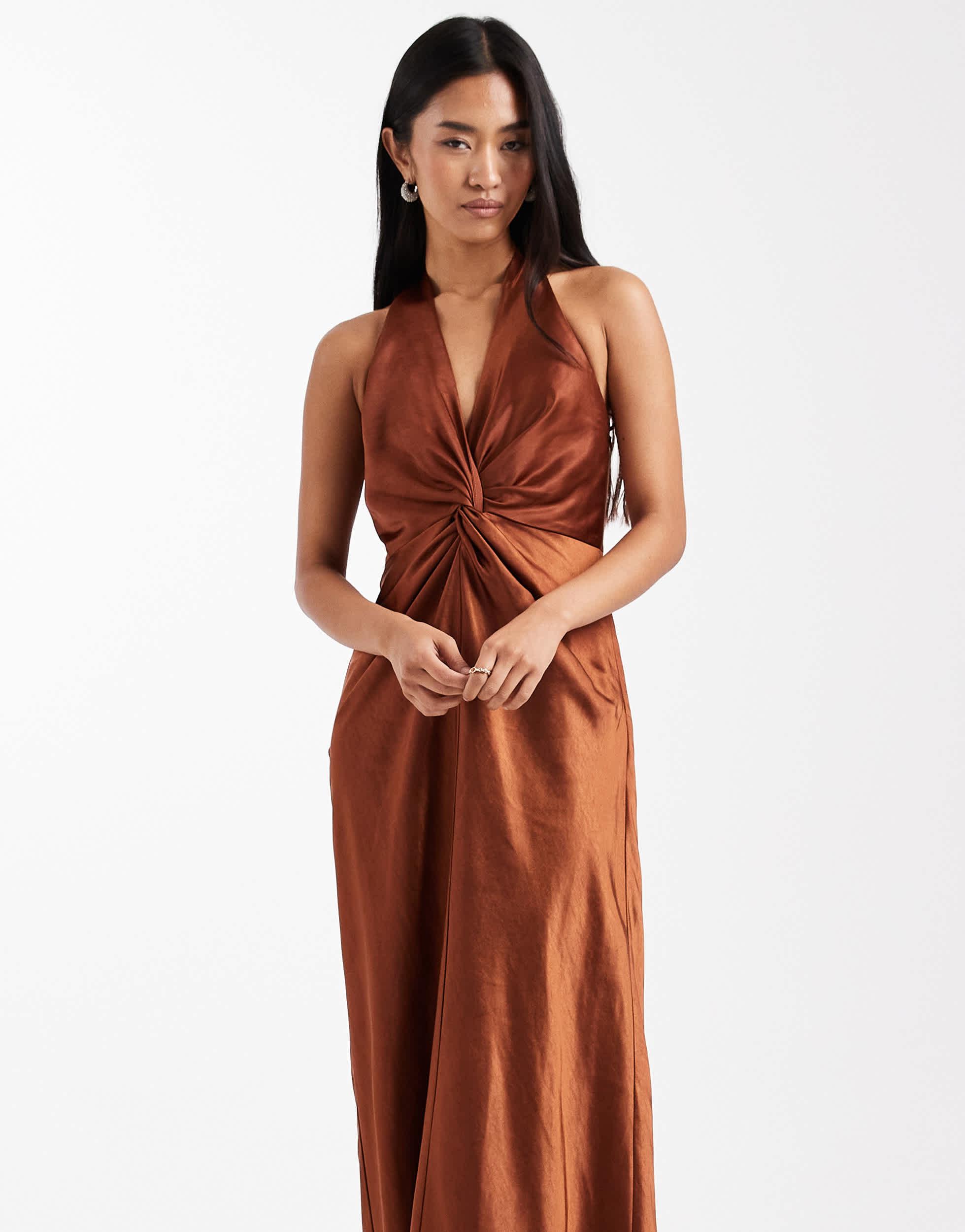 six stories brown dress Six Stories twist front satin maxi dress in chocolate