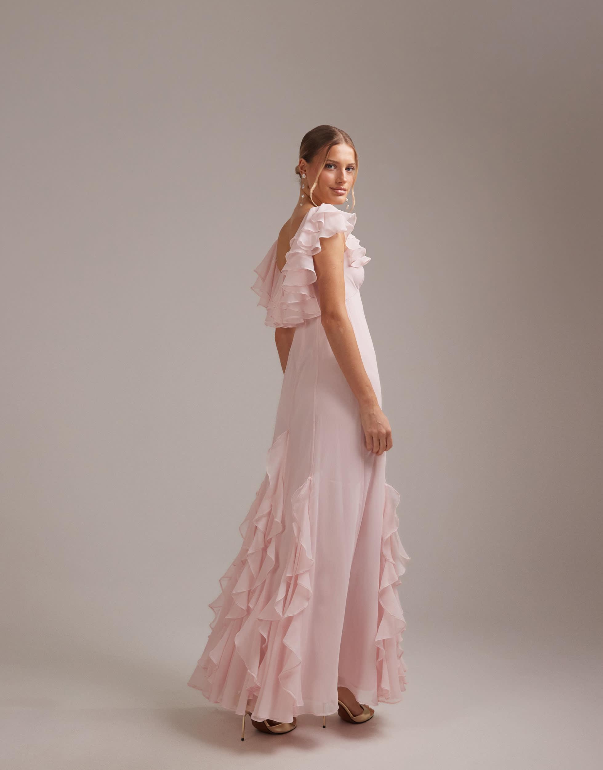 asos blush bridesmaid dress Bridesmaids Bardot Ruffle Chiffon Maxi in Pink 尺寸:4 quality polyester smarttag_collection_filter:Casual Dresses Timeless Black Square Neck
