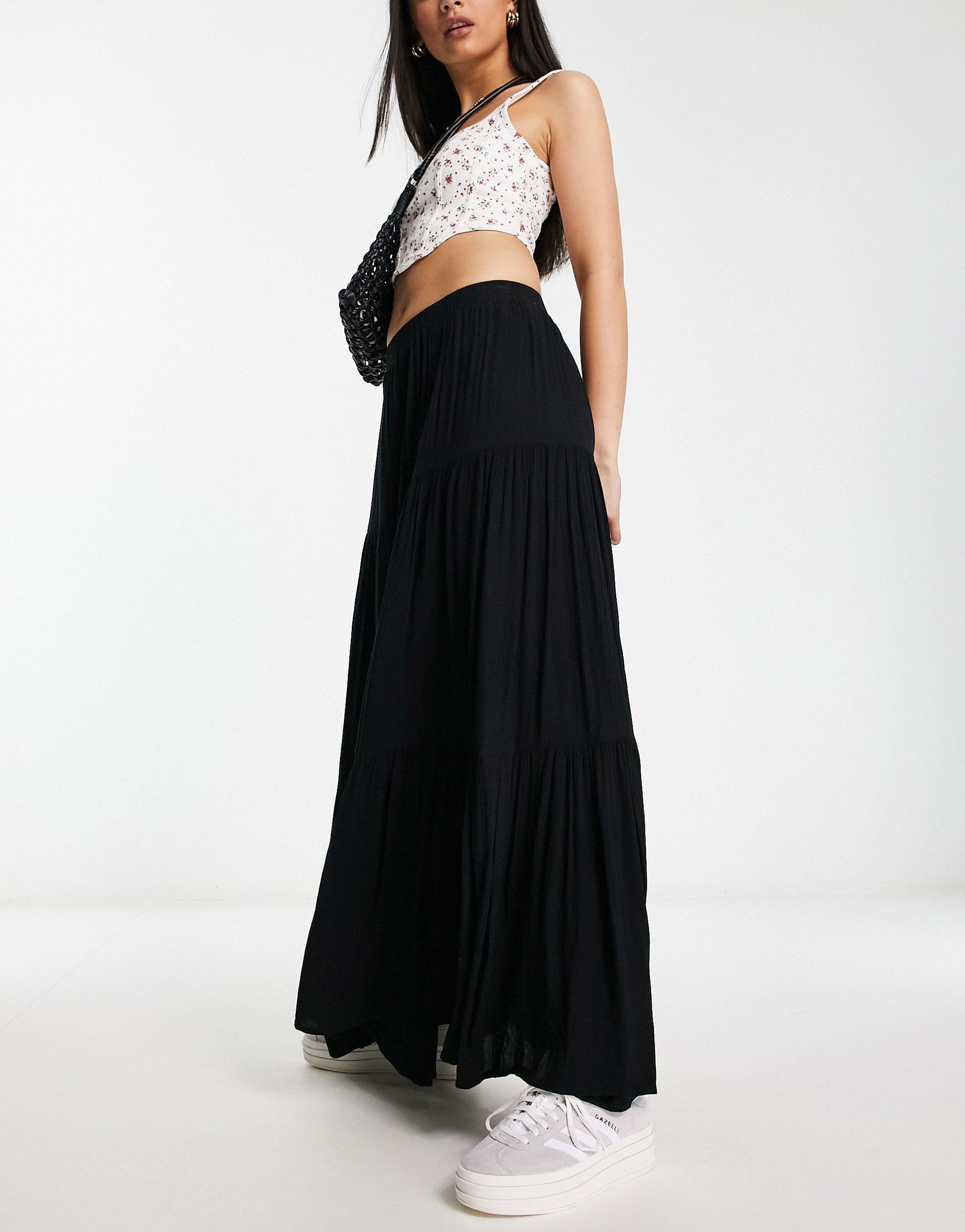 Stradivarius Tiered Boho Maxi Skirt in Black Lyst