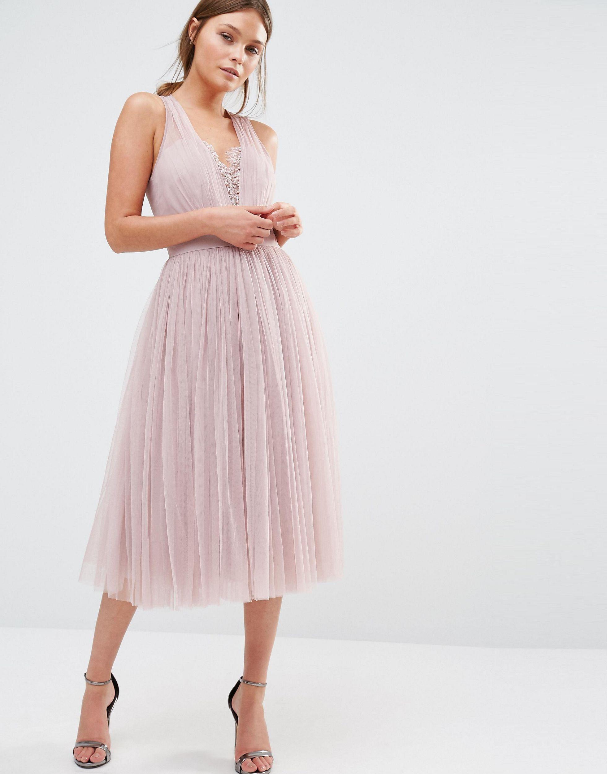 Little Mistress Embellished Midi Dress With Tulle Skirt in Pink | Lyst UK