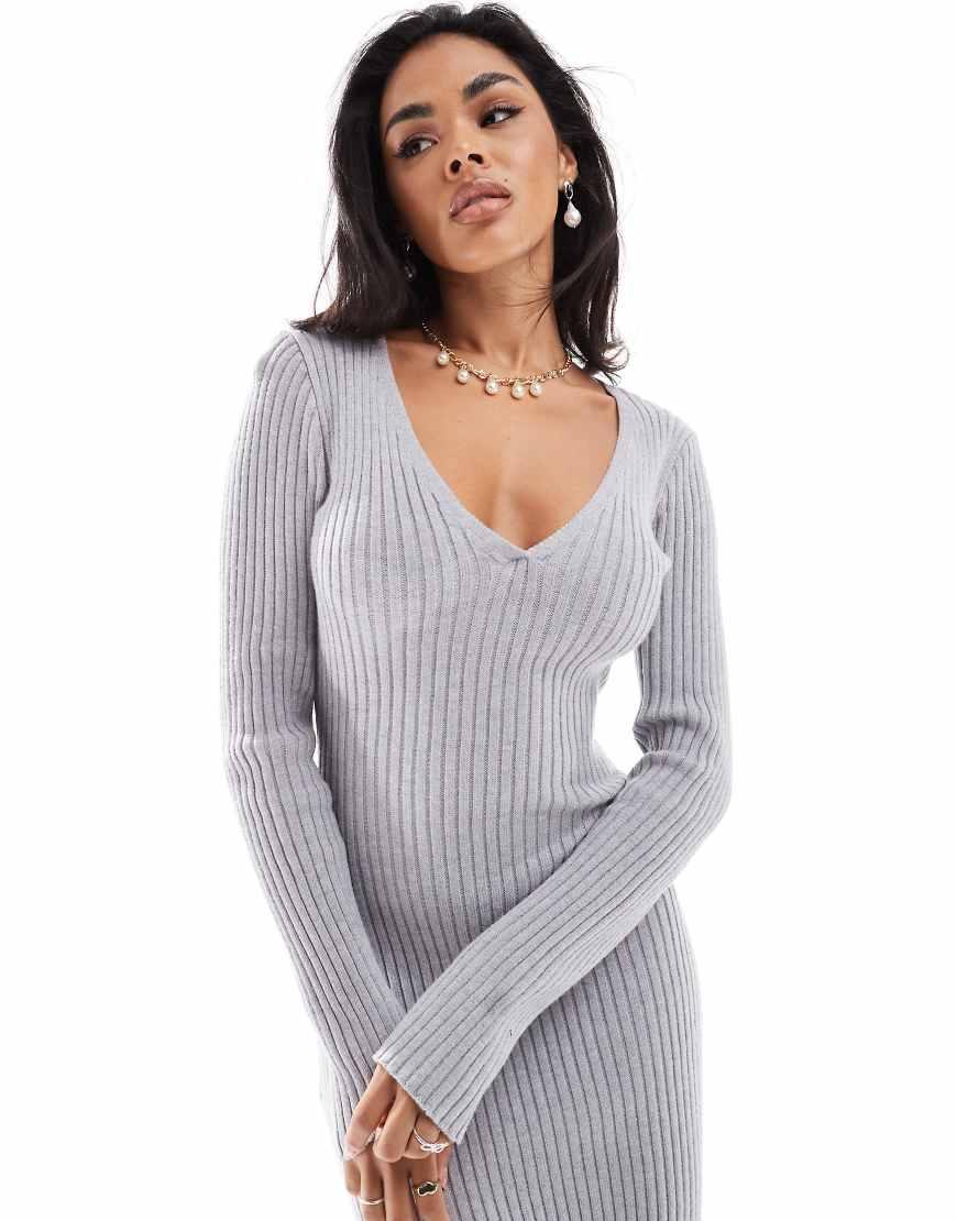 In The Style Soft Ribbed V Neck Maxi Jumper Dress in White Lyst UK
