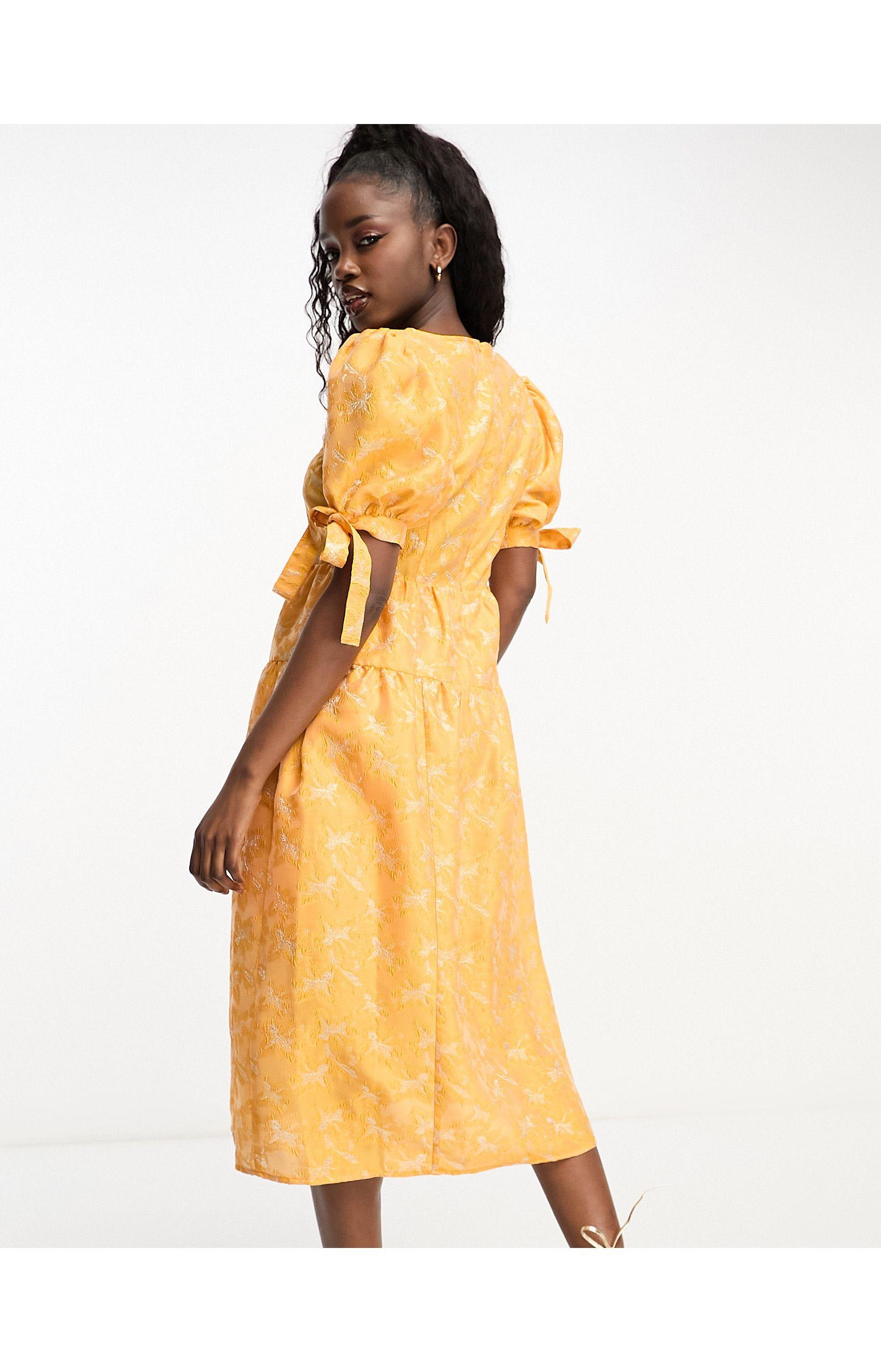 Monki Balloon Sleeve Floral Shimmer Brocade Midi Dress in Orange