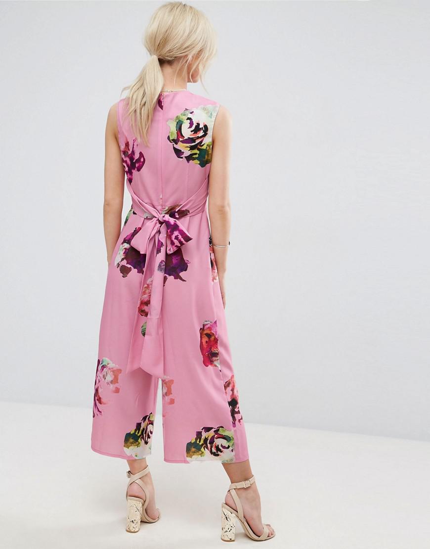 ASOS Synthetic Jumpsuit In Large Rose Floral Print in Pink Lyst
