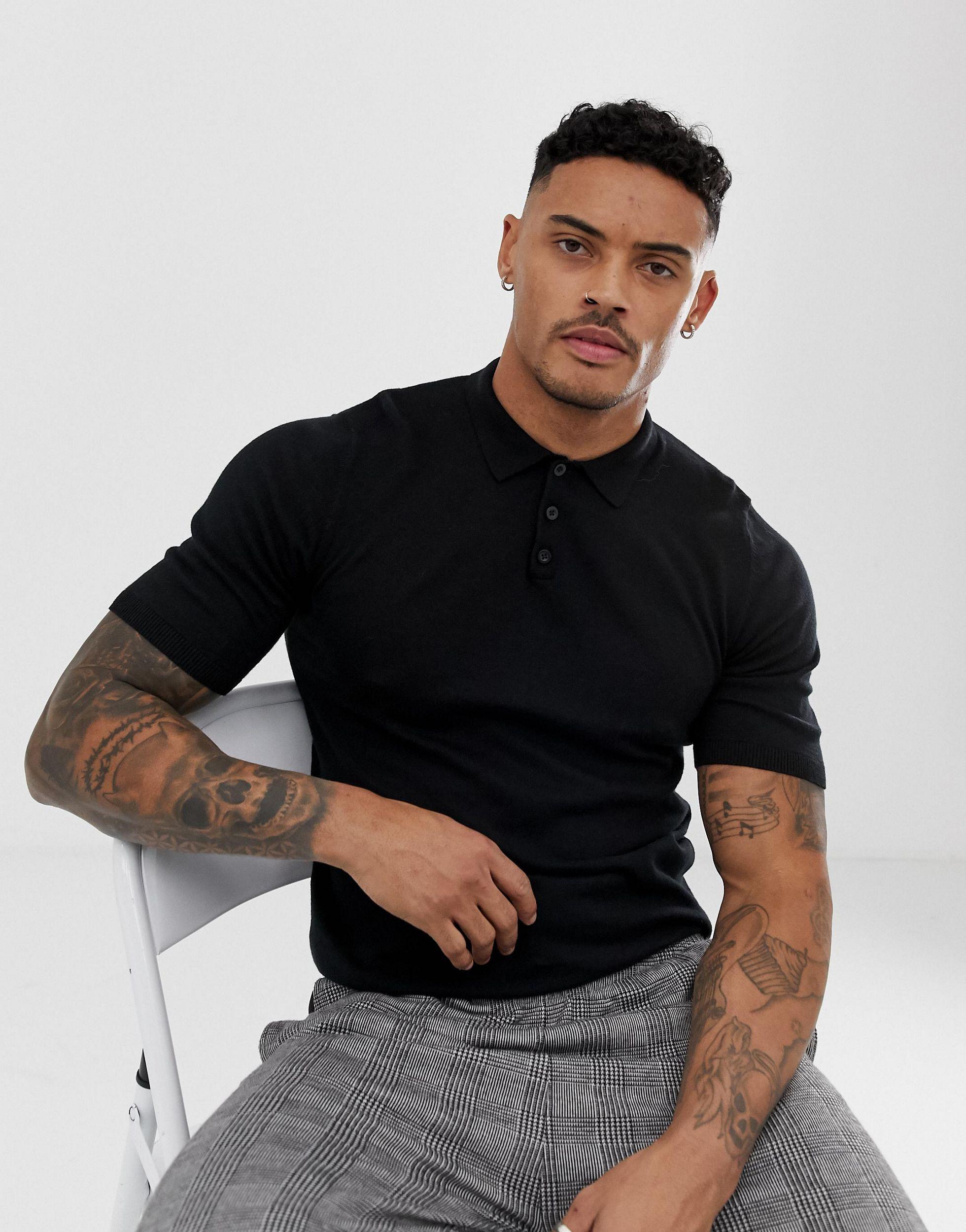 ASOS Knitted Muscle Fit Polo Shirt in Black for Men | Lyst