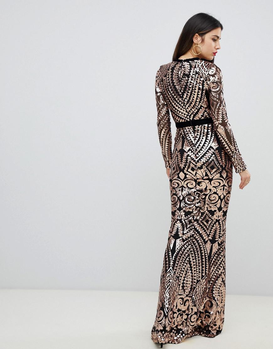 goddiva bandeau sequin embellished maxi dress in gold