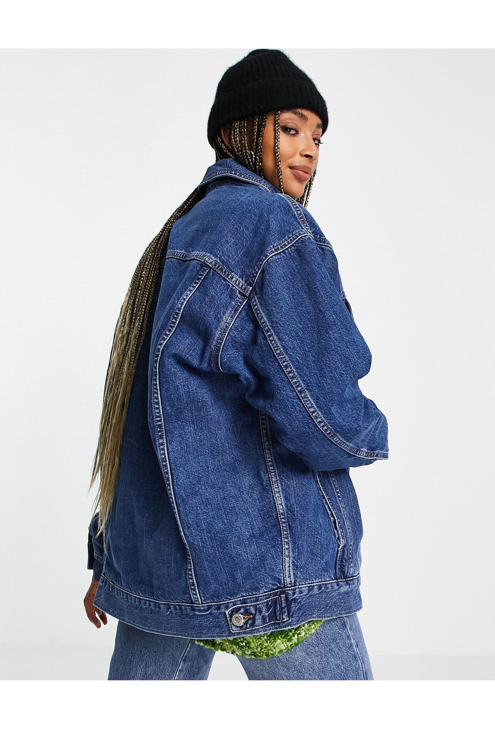 TOPSHOP Dad Denim Jacket With Check Lining in Blue | Lyst