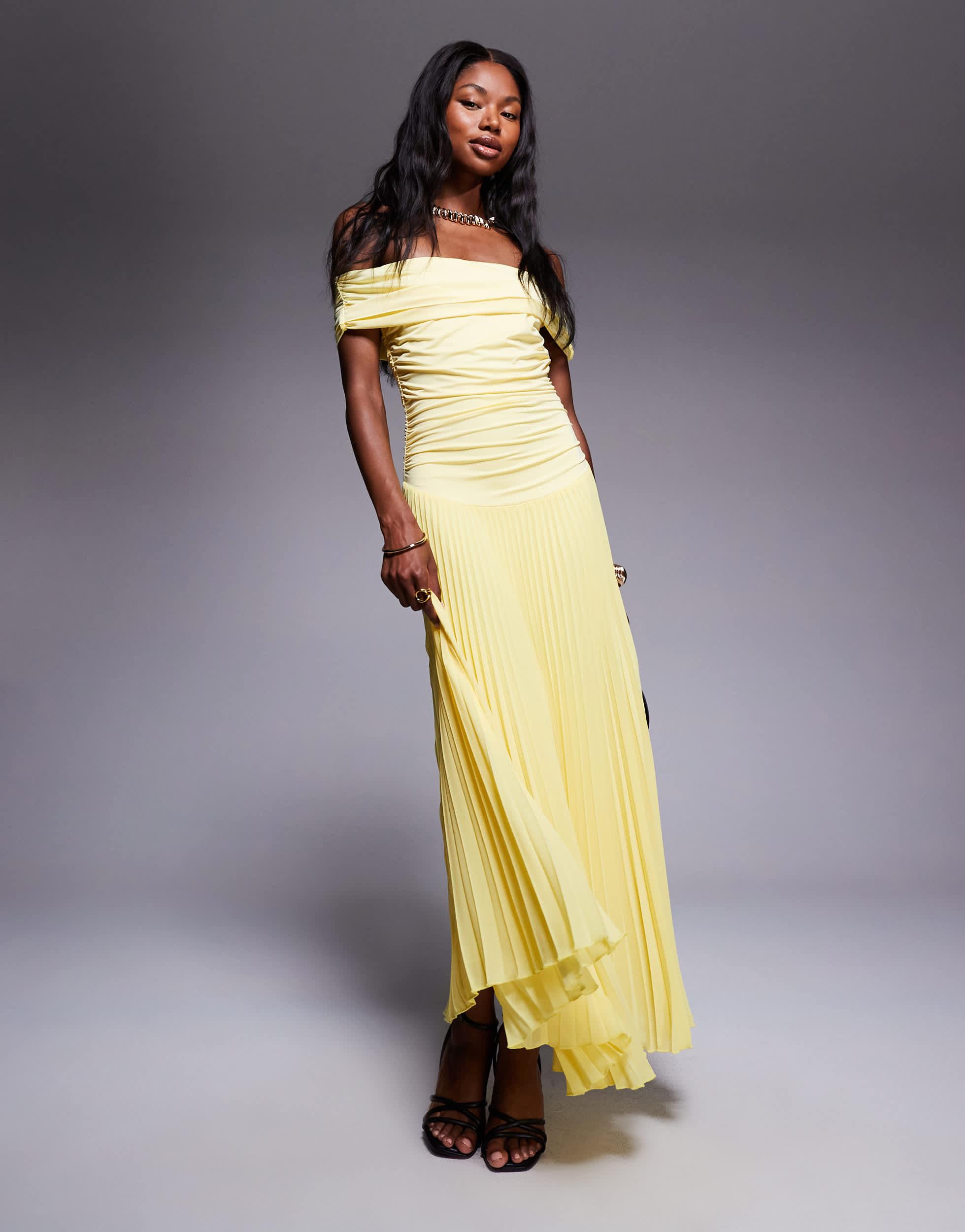 aria cove gold dress Bardot Drop Ruched Waist Pleated Maxi in Yellow model-phoebe