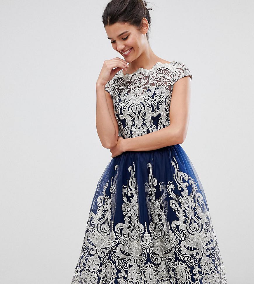 Bardot Lace Midi Crochet Dress in Blue – Chi Chi London