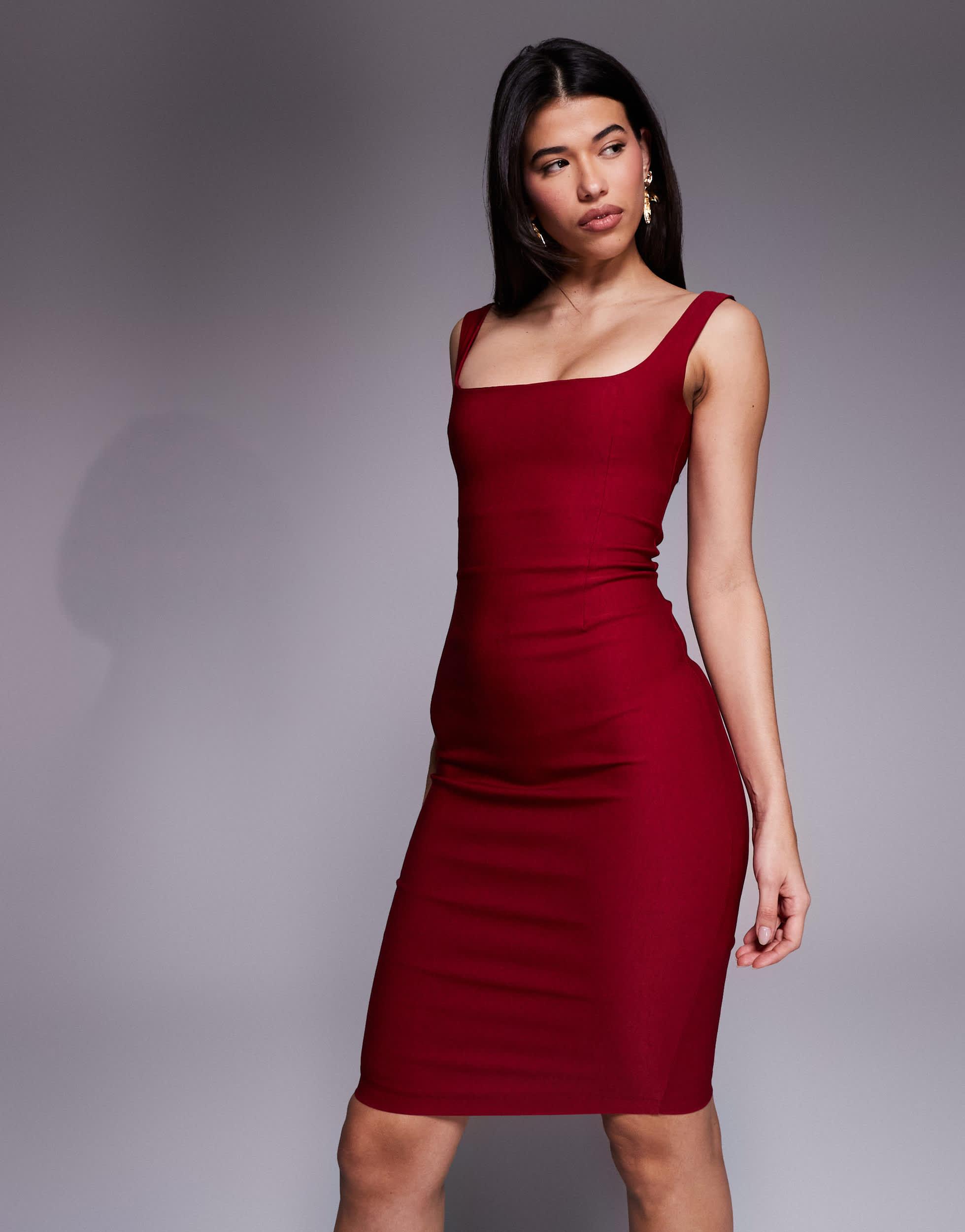 vesper square neck pencil dress in red Vesper Bengaline Square Neck Bodycon Midi Dress in Red