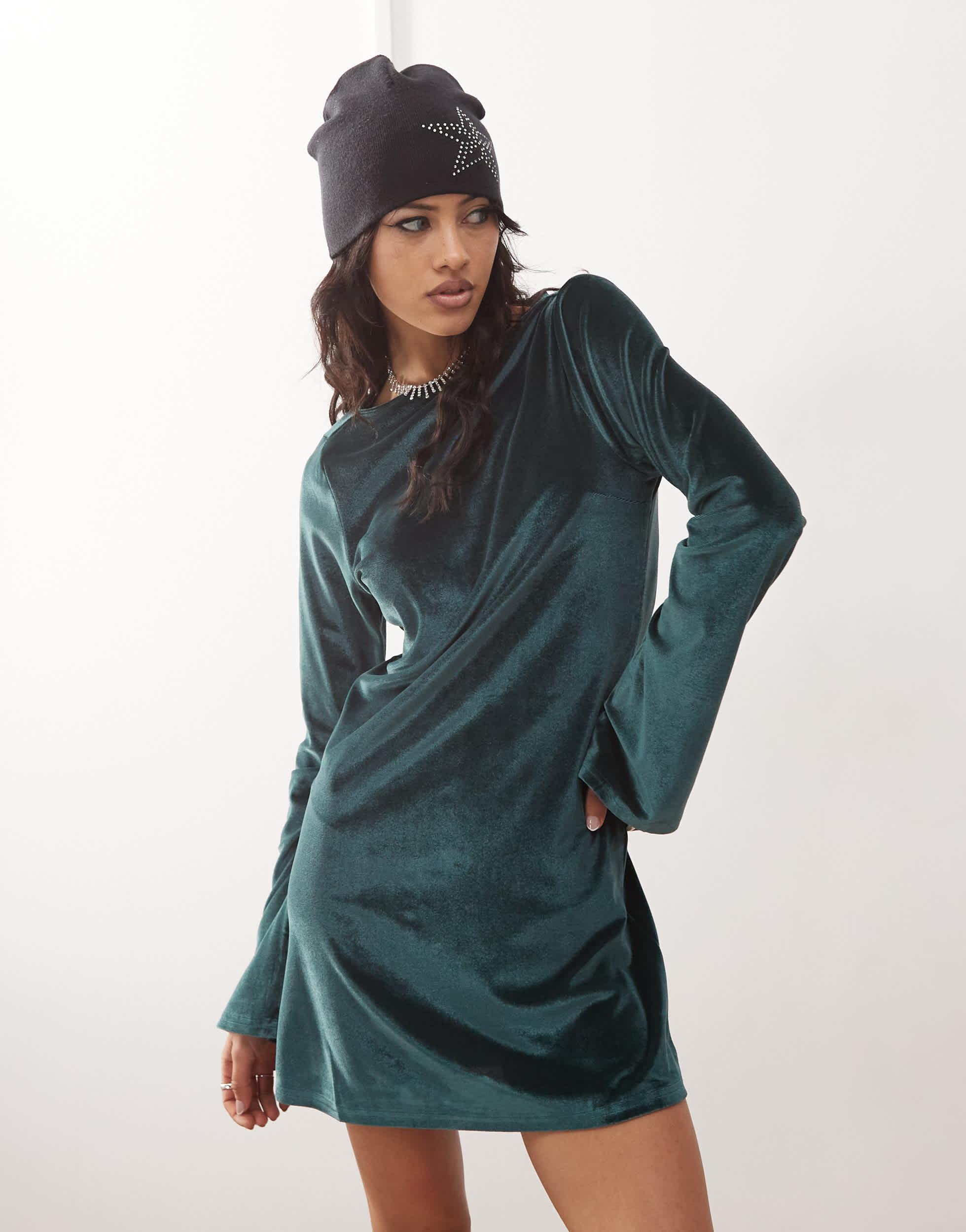Monki Long Sleeve Velvet Mini Dress in Green Lyst