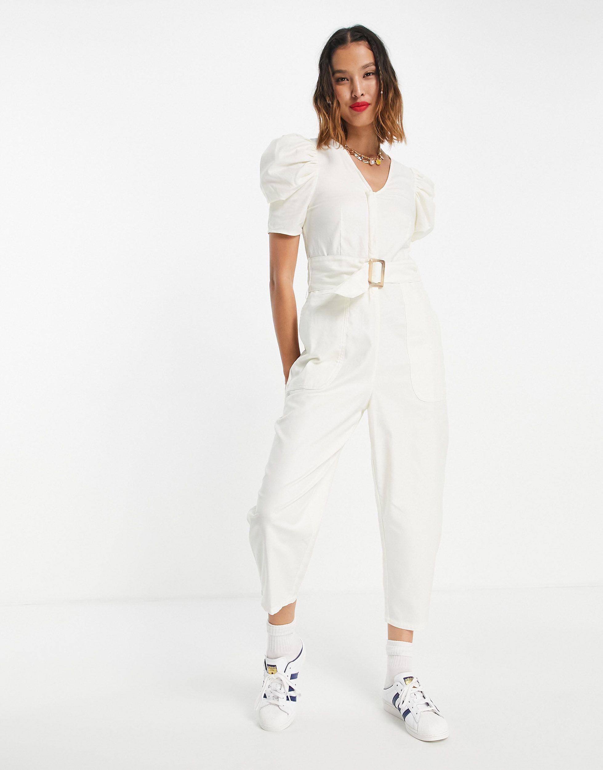 Urban Revivo Belted Puff Sleeve Jumpsuit In White Lyst 