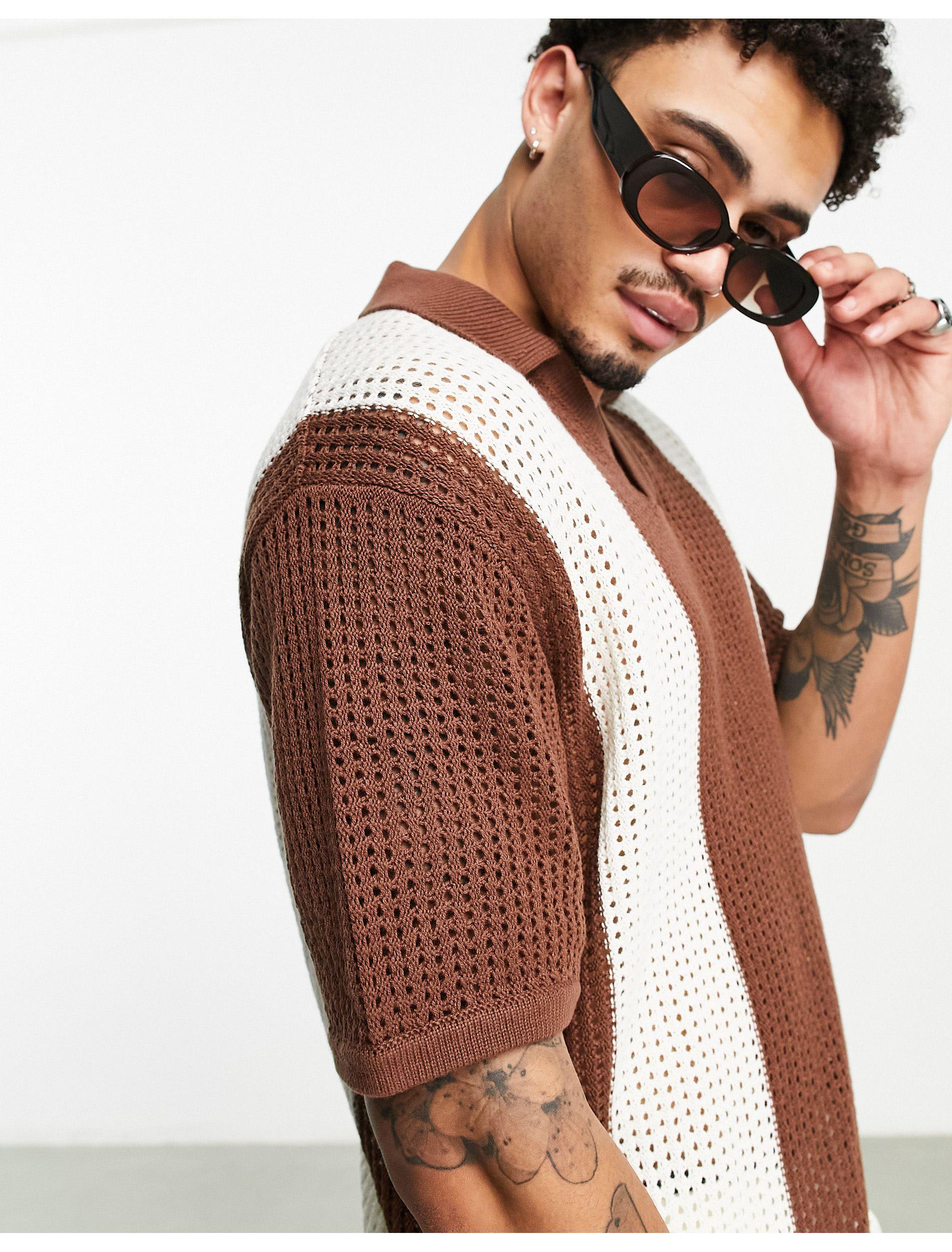 Bershka Crochet Wide Stripe Polo in Brown for Men | Lyst