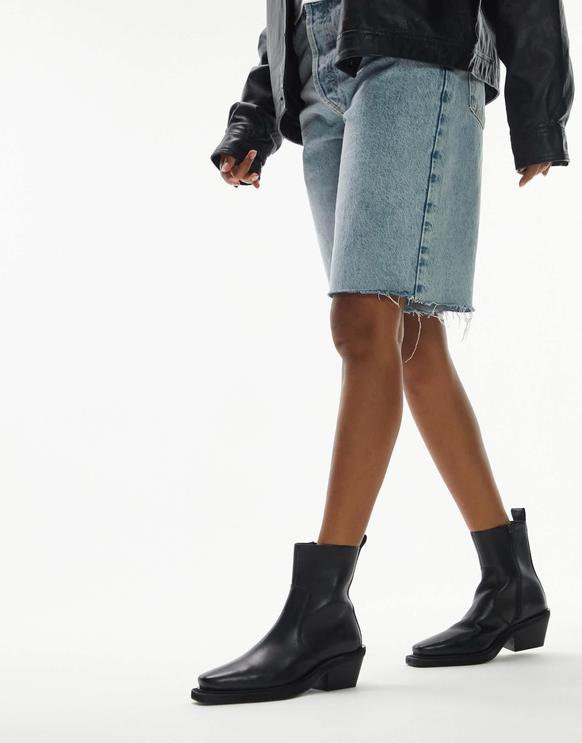 TOPSHOP Lara Leather Western Style Ankle Boot in Black Lyst
