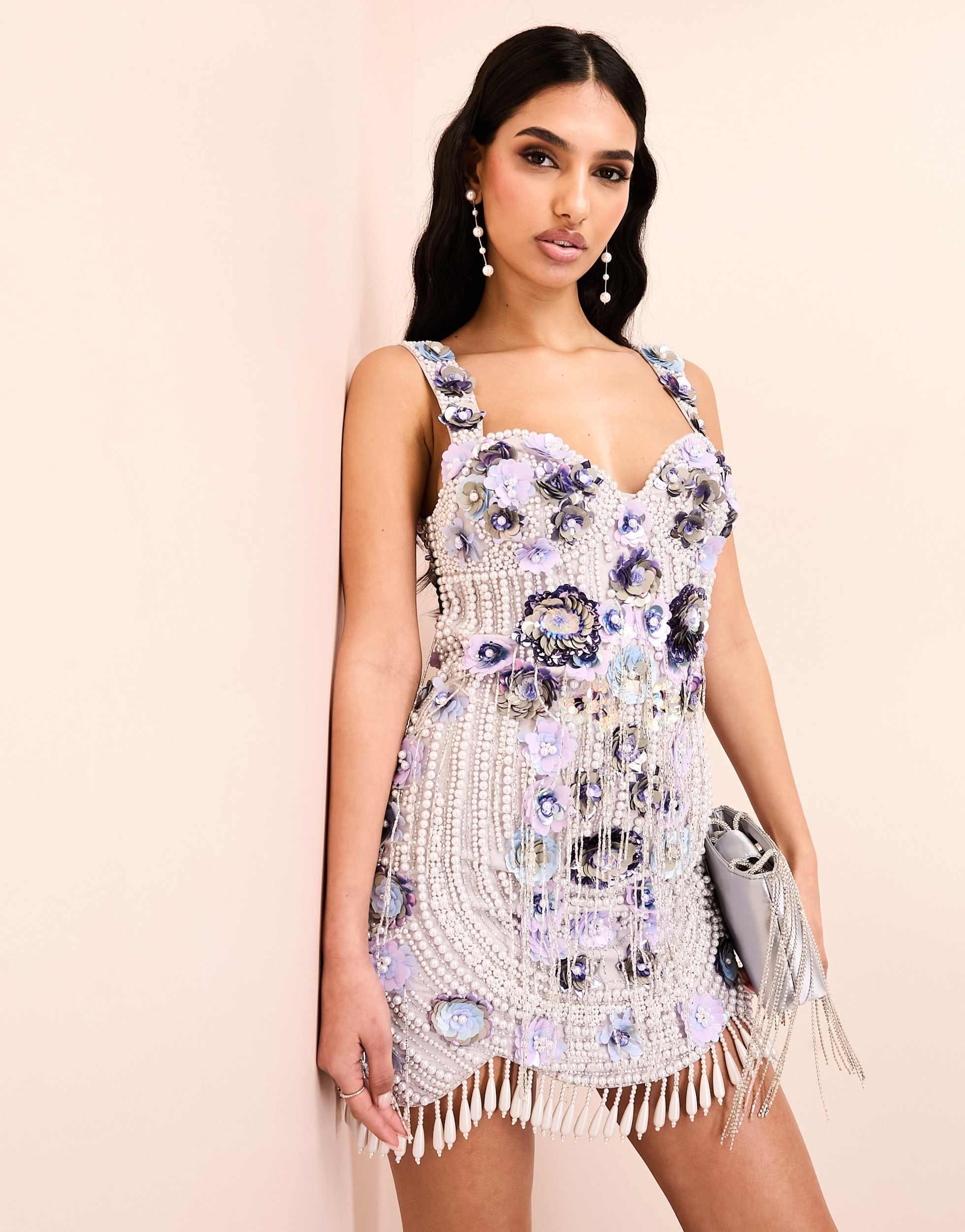 knee length dresses for ladies White Pearl Beaded Square Neck Mini Dress main image 0