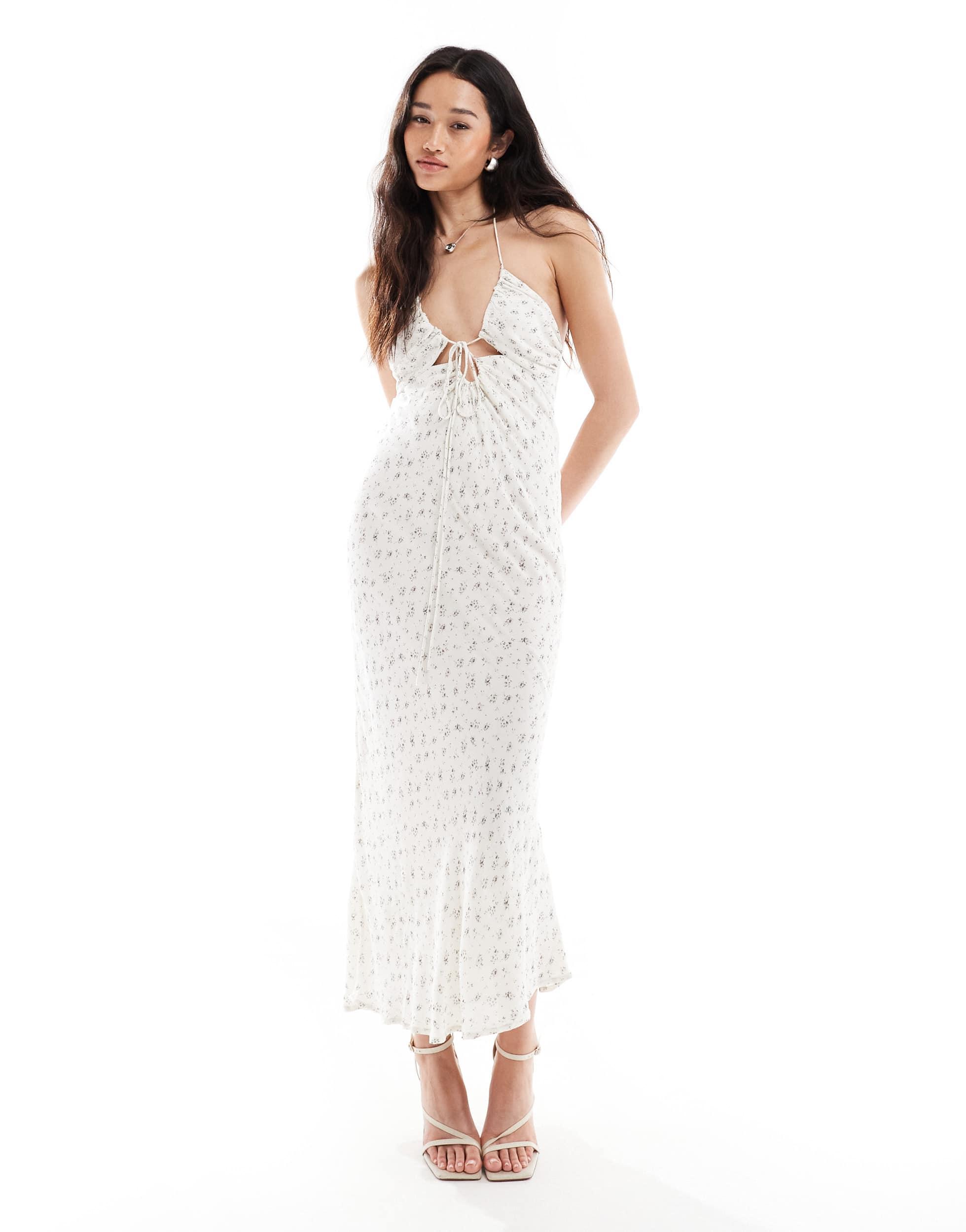 Bershka Halterneck Tie Front Maxi Dress in White | Lyst Bershka Halterneck Tie Front Maxi Dress in White | Lyst