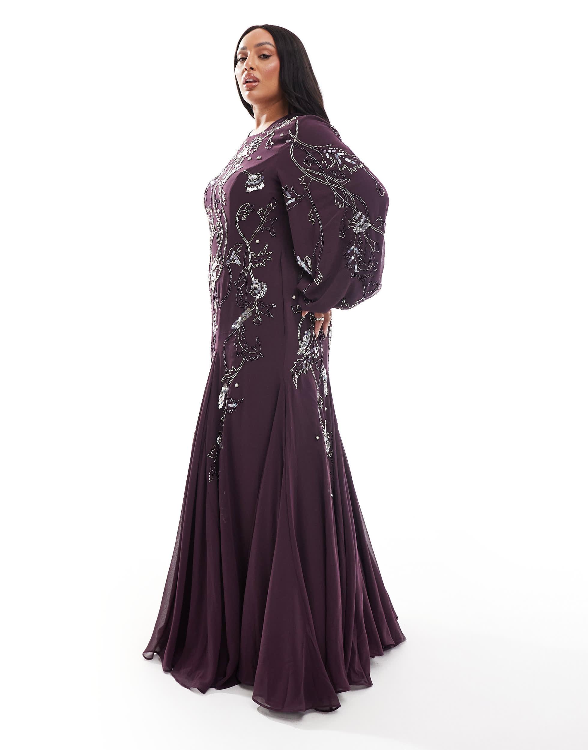 ASOS Asos Design Curve Embellished Maxi Dress With Godet Skirt And Balloon  Sleeve in Purple | Lyst