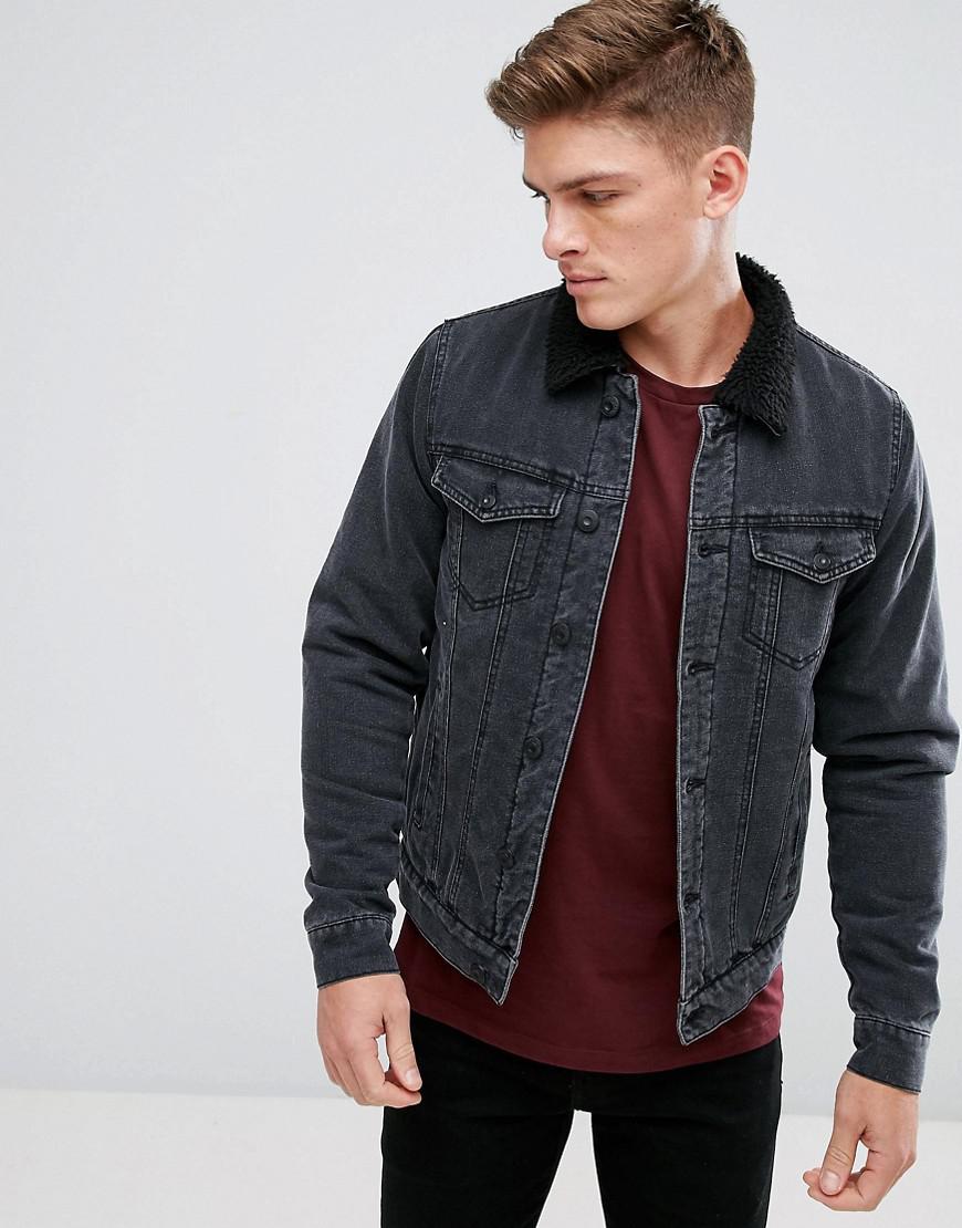 Only & Sons Denim Jacket With Borg Collar in Black for Men - Lyst