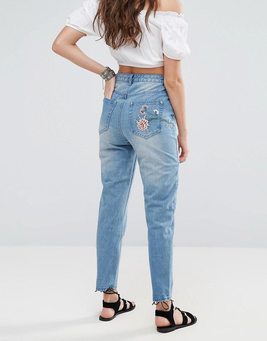 Boohoo Denim Floral Embroidered Jeans in Blue Lyst