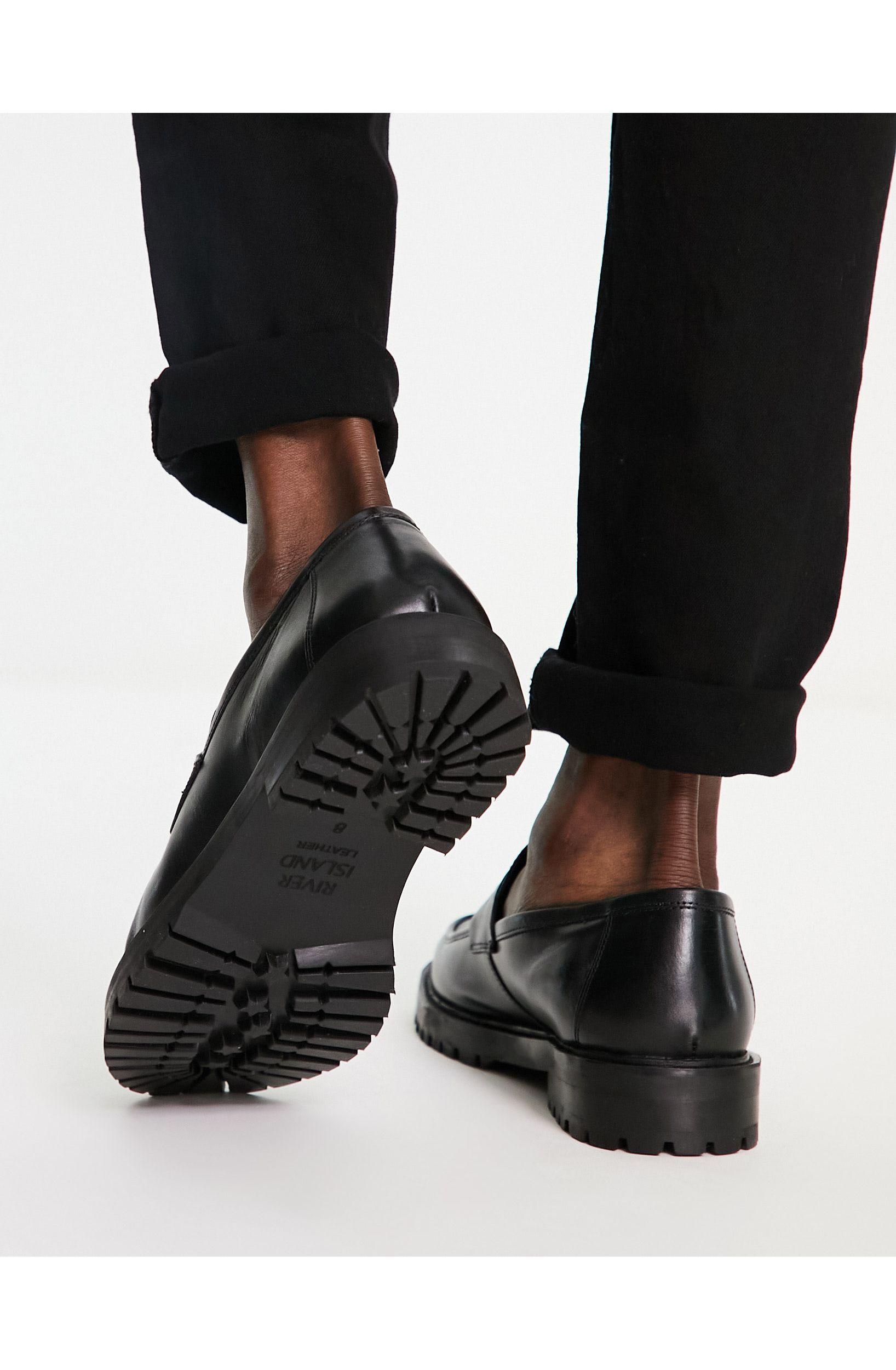 River Island Leather Chunky Sole Loafers in Black for Men | Lyst