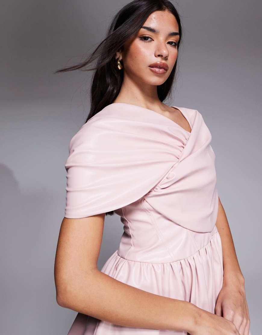 asos pink leather dress ASOS Faux Leather Bardot Skater Dress in Pink