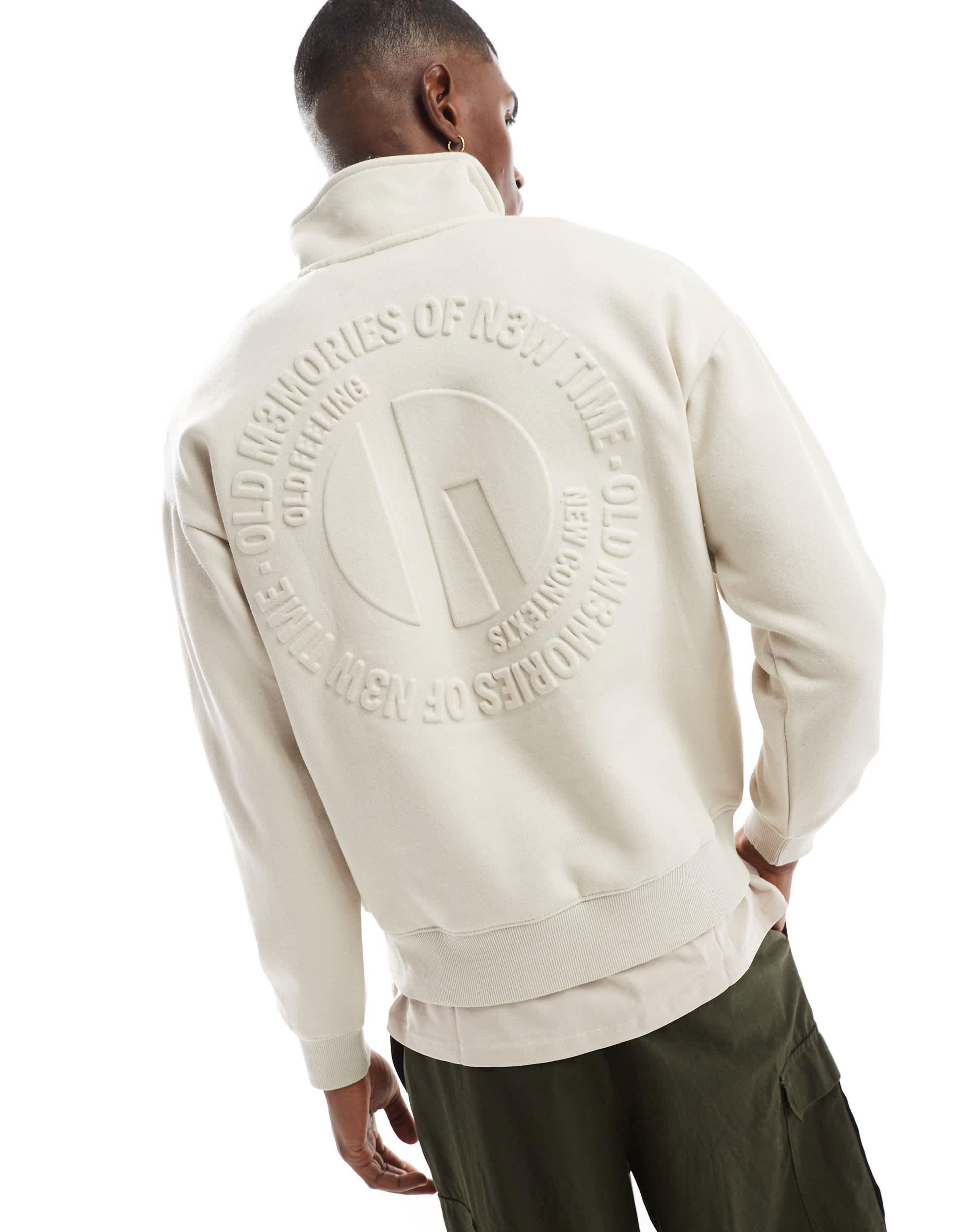 Bershka 1/4 Zip Sweatshirt With Emboss Print in White for