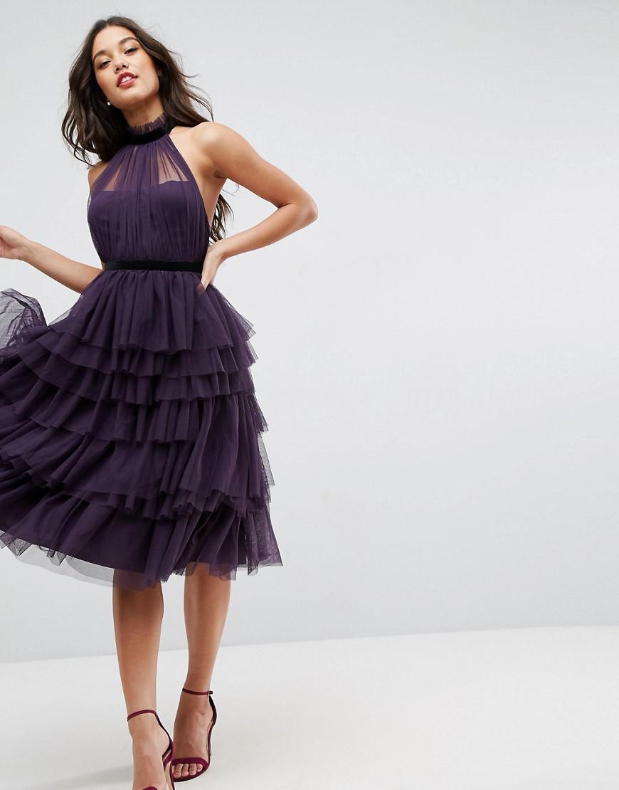 ASOS Premium High Neck Tiered Tulle Midi Prom Dress in Purple | Lyst