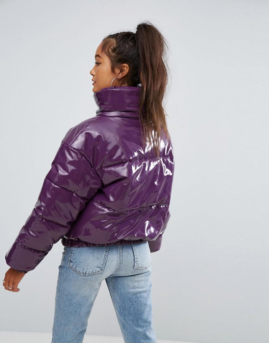 ASOS Synthetic Asos High Shine Patent Puffer Jacket in Purple - Lyst