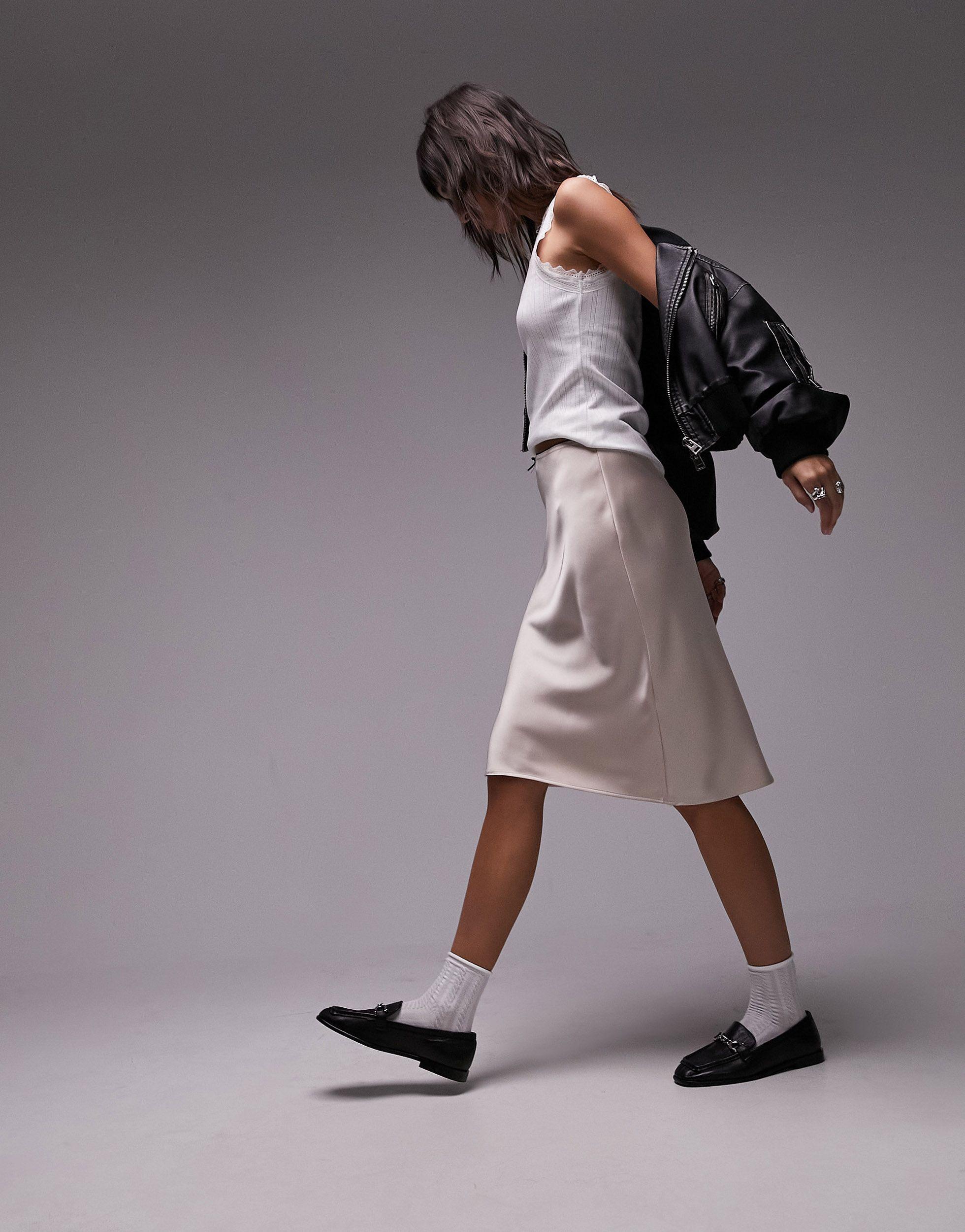 TOPSHOP 90 s Length Satin Skirt With Trim Detail in Gray Lyst