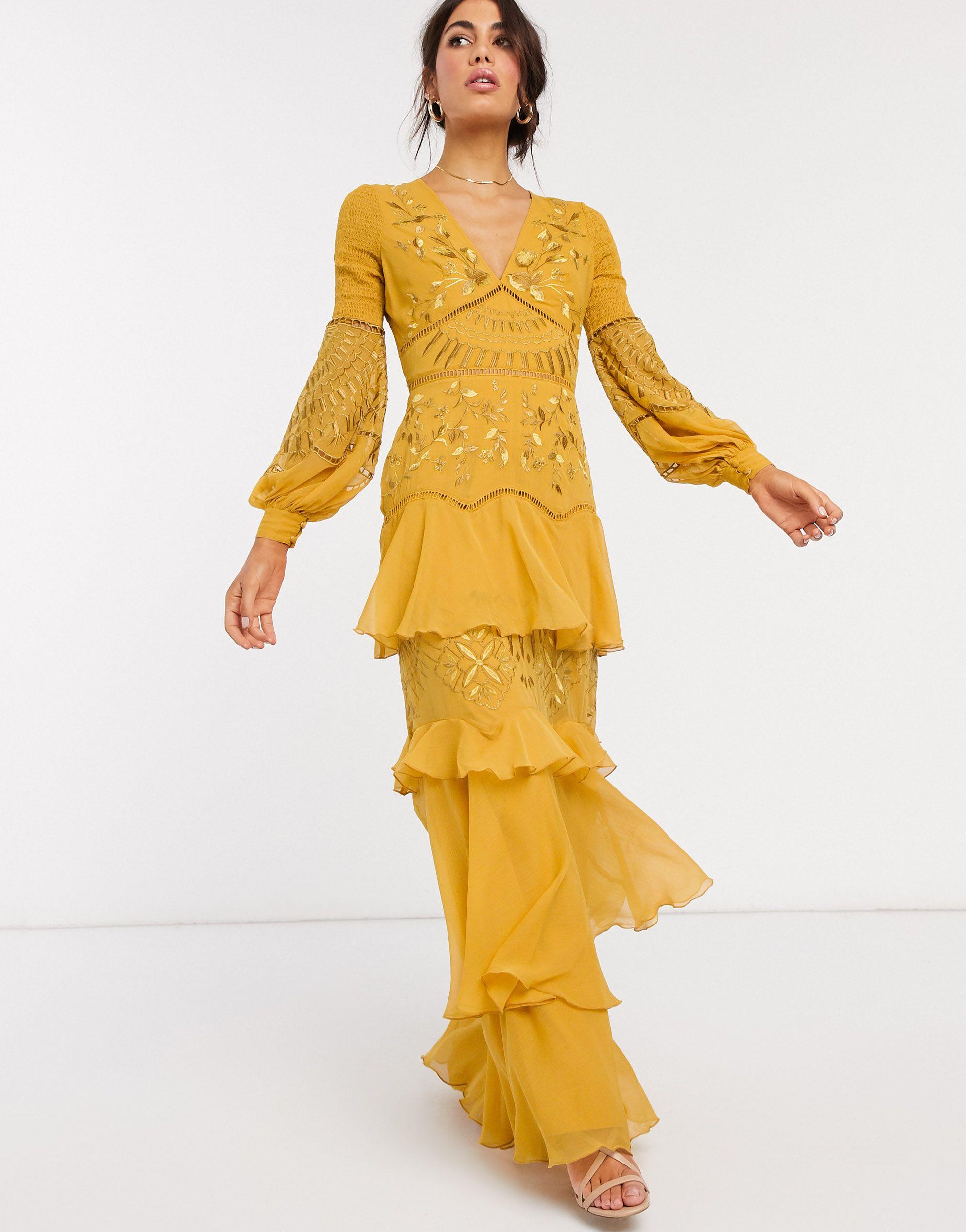 ASOS Embroidered Soft Tiered Maxi Dress With Ladder Trim And Shirring in  Yellow | Lyst
