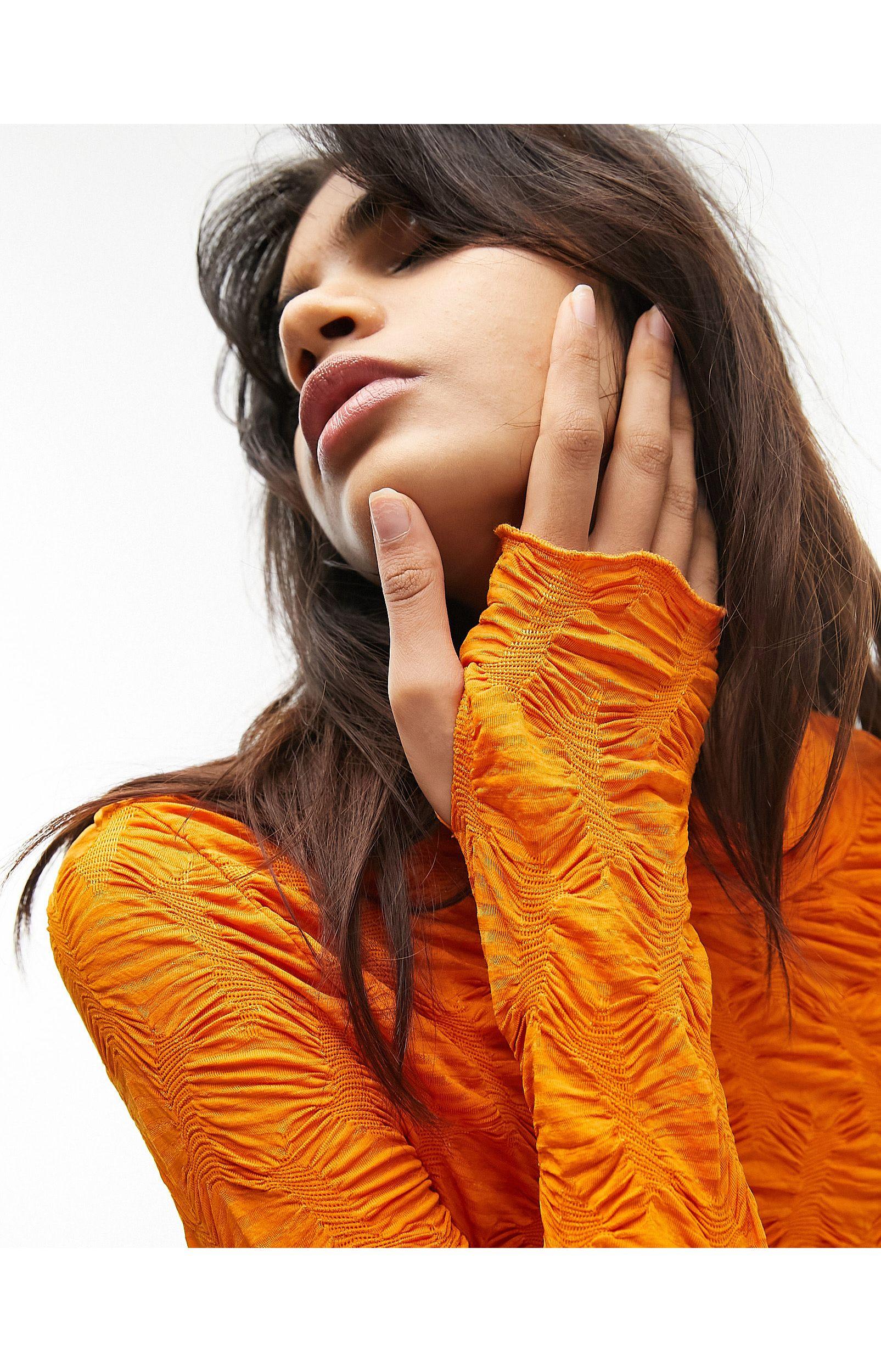 TOPSHOP Textured Jersey Long Sleeve Mini Dress in Orange | Lyst