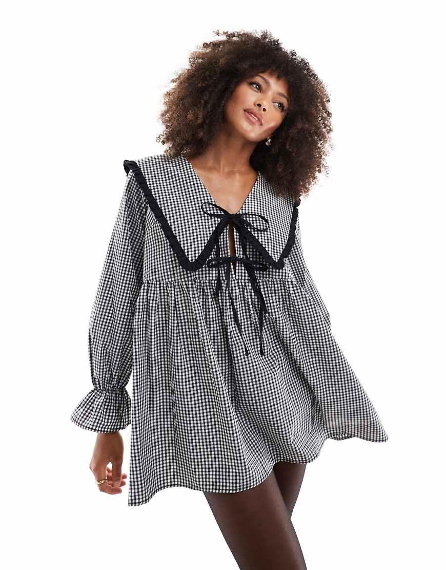 oversized collar mini dress Oversized Collar Puff Sleeve Mini Dress with Bow Vintage Chic Style