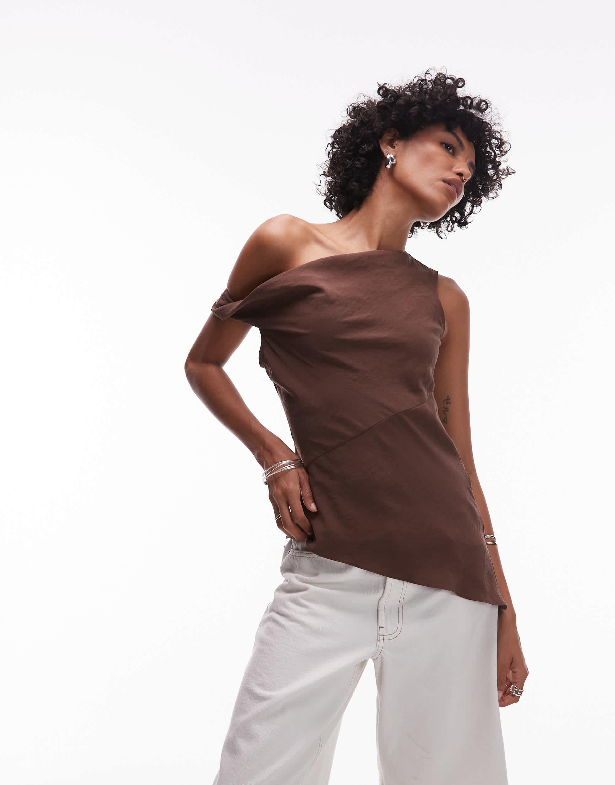 TOPSHOP Super Soft Cupro Twist Detail Assymetric Top in Brown