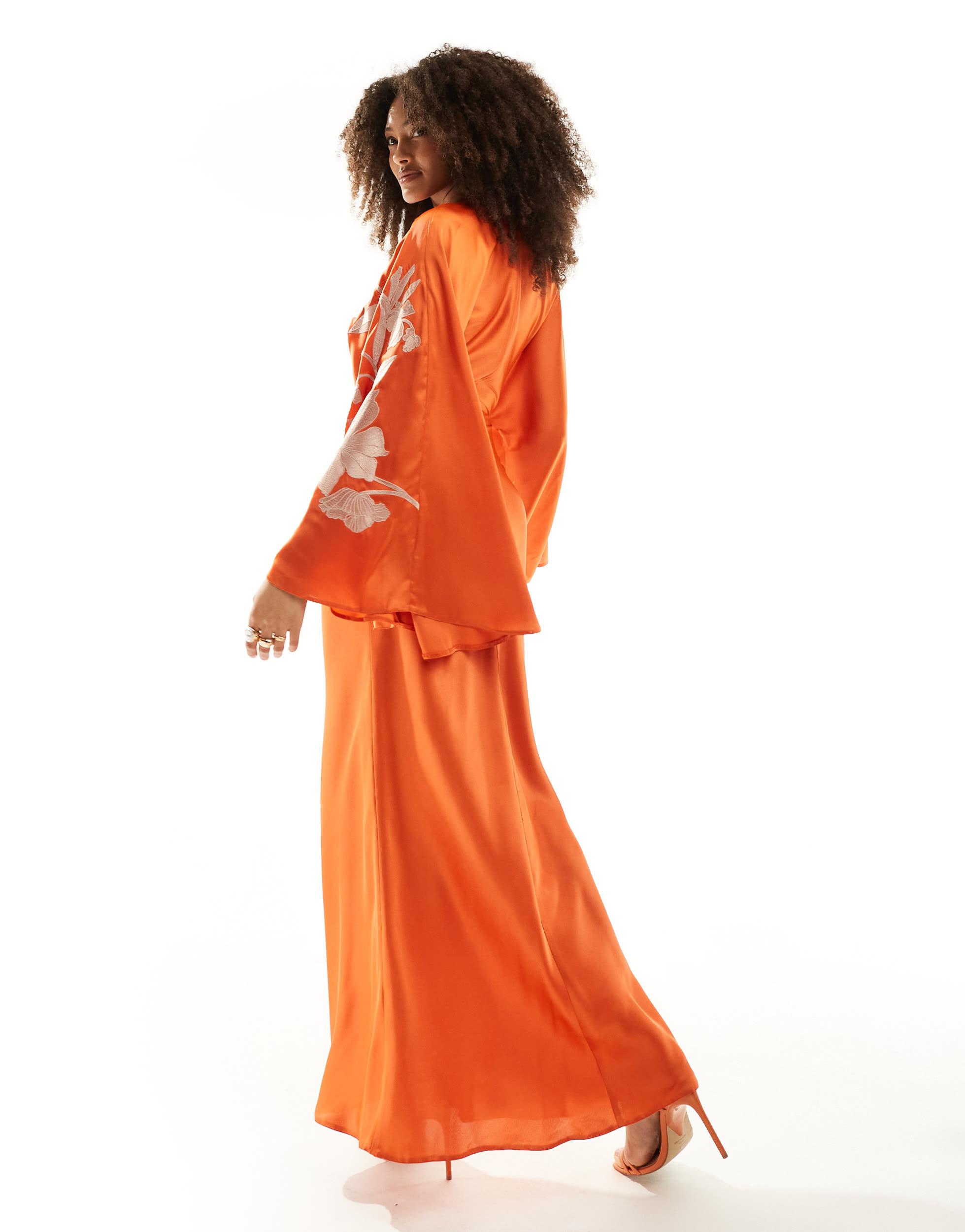 asos orange kimono dress ASOS exaggerated Sleeve Embroidered Satin Bias Cut Maxi Dress in Orange
