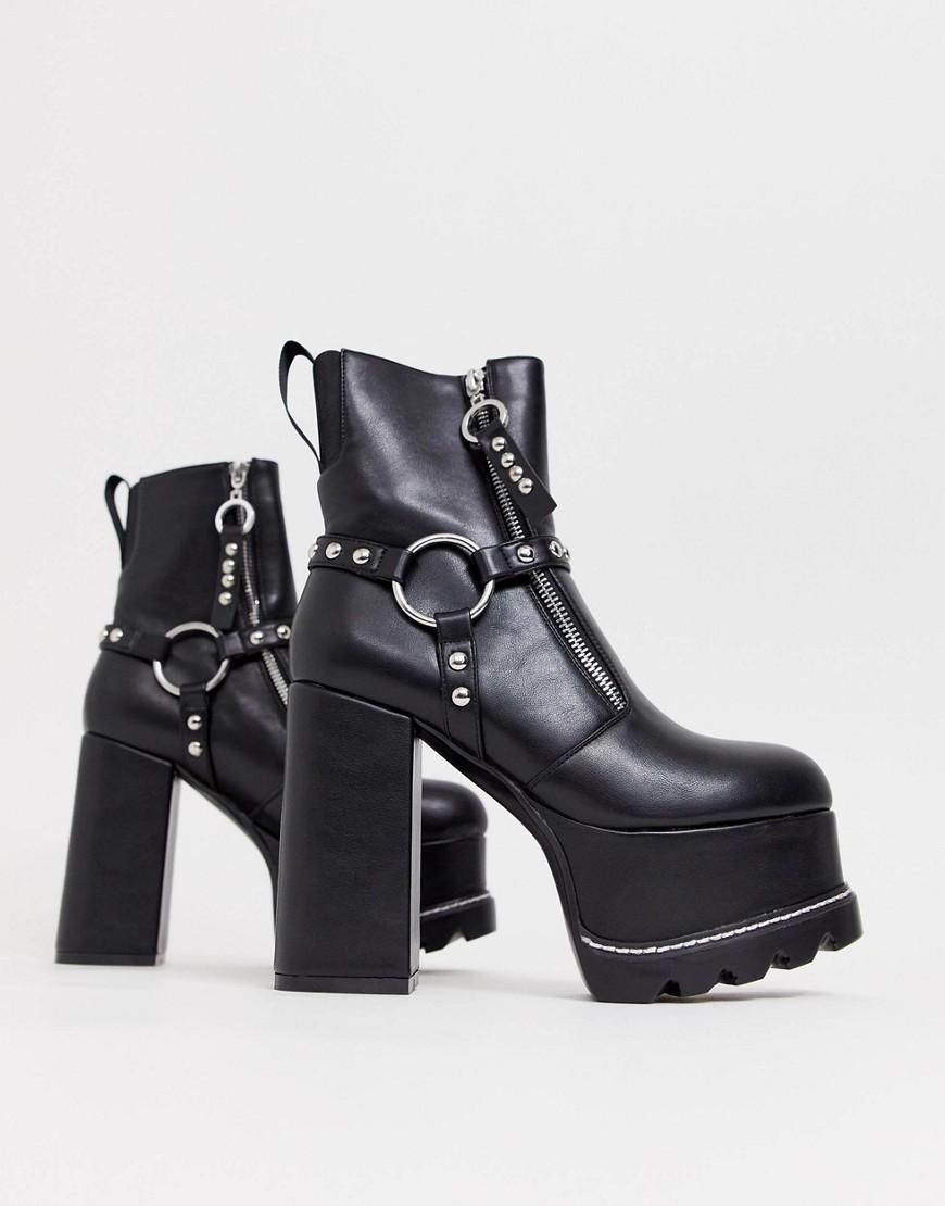 LAMODA Satin Black Platform Boots With Silver Hardwear | Lyst