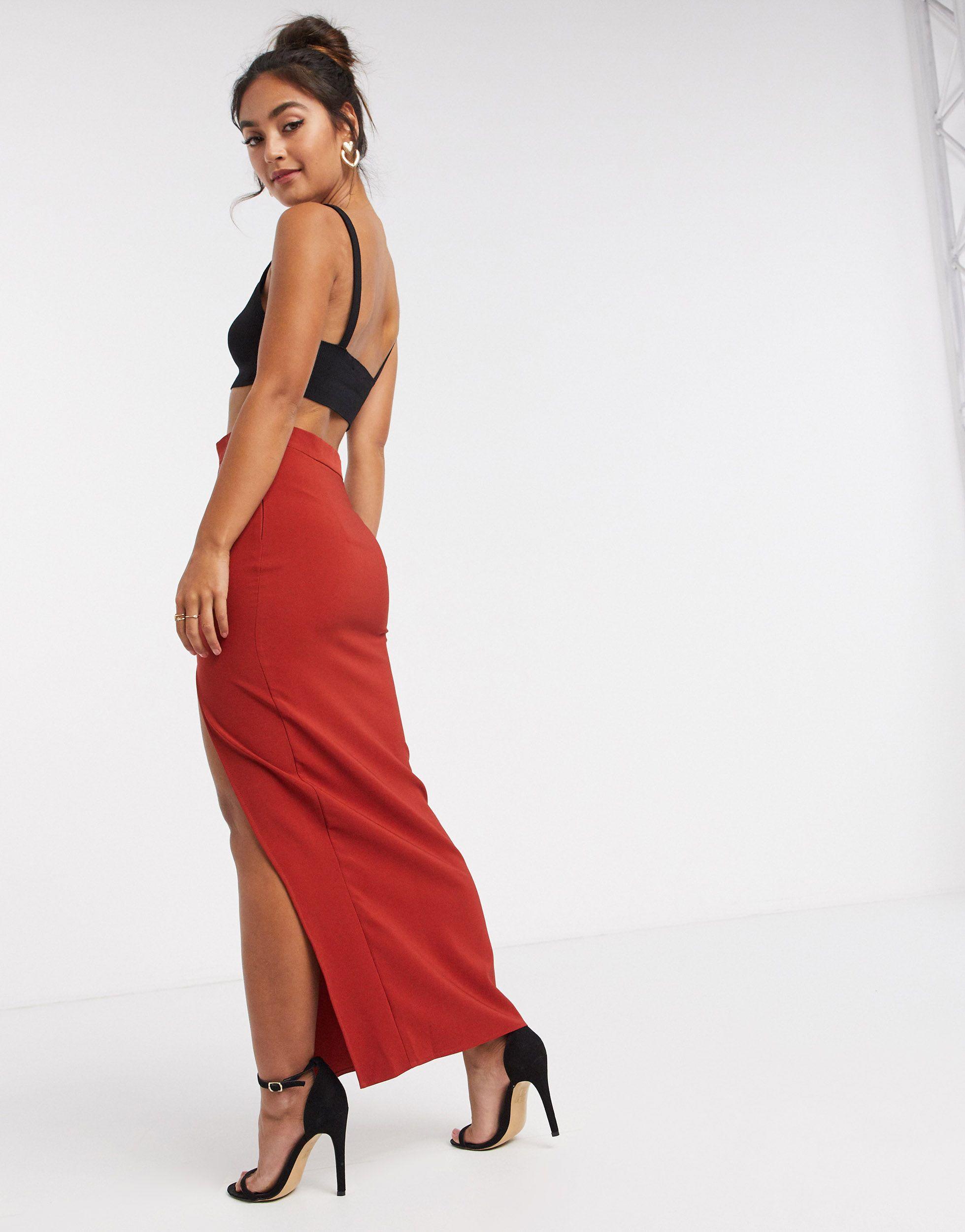 ASOS Asos Desgin Maxi Skirt With Thigh Split in Red | Lyst