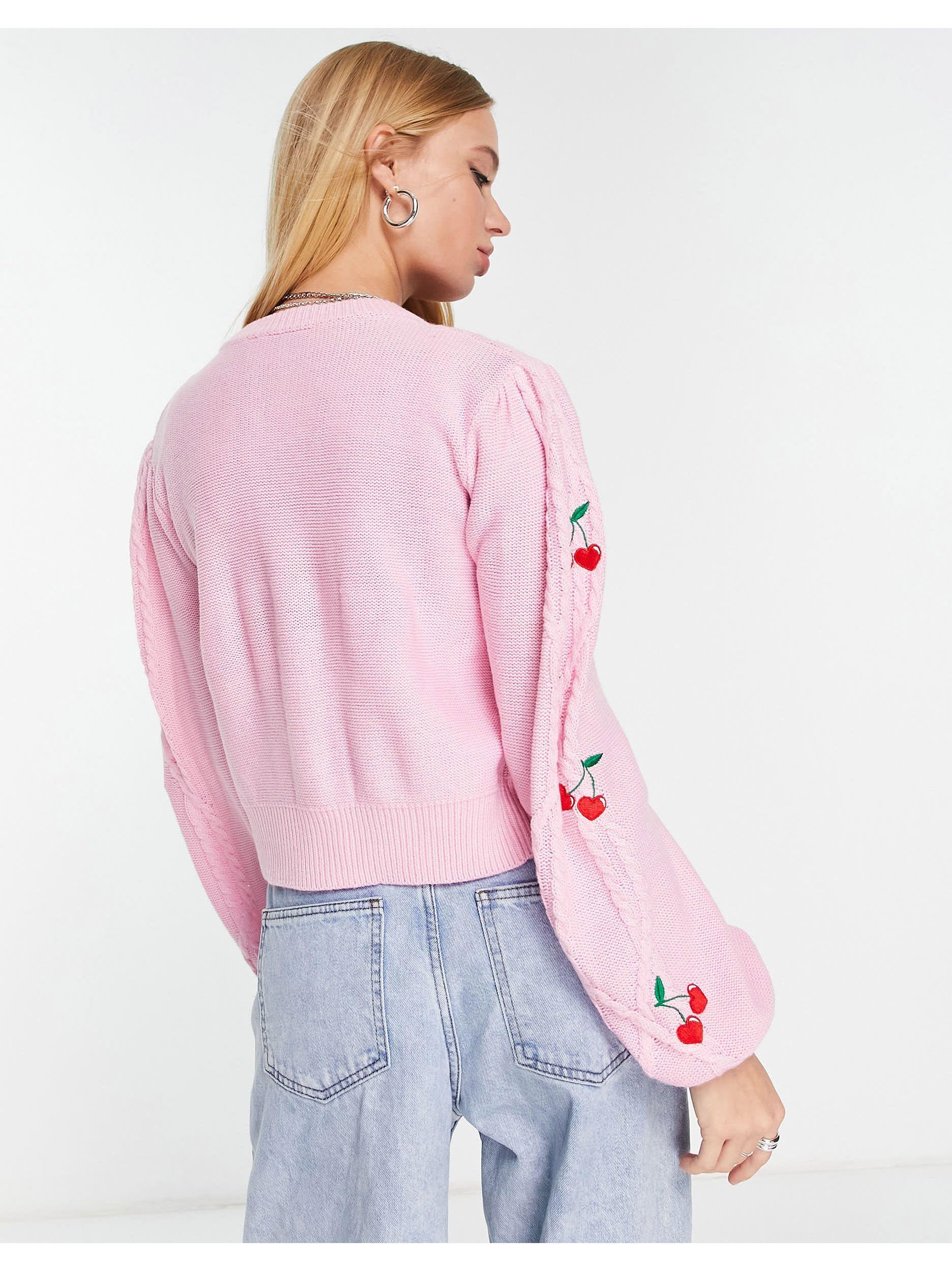Reclaimed (vintage) Inspired Cable Cardigan With Cherry Embroidery in Pink  | Lyst UK