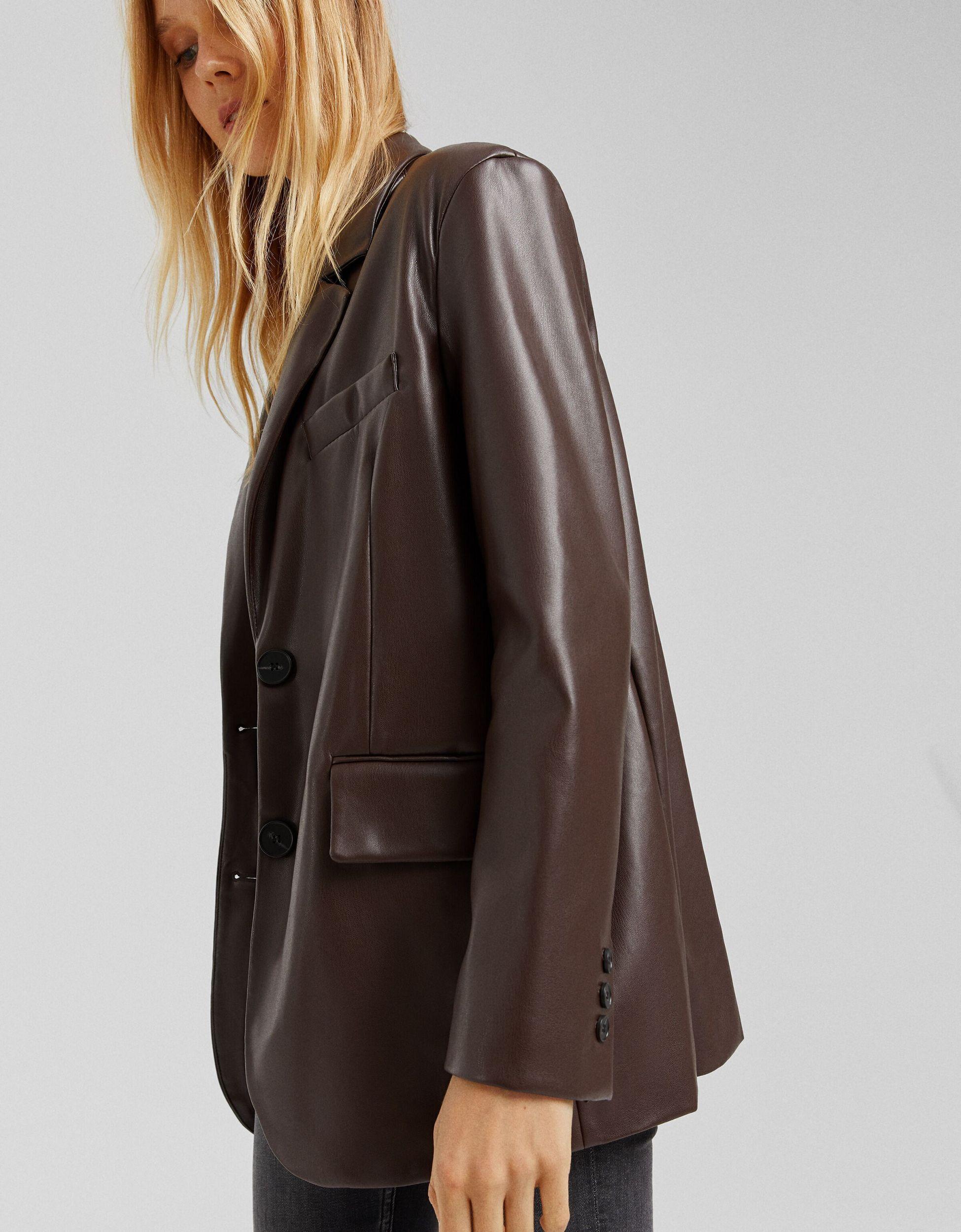 Bershka Oversized Faux Leather Blazer in Brown | Lyst