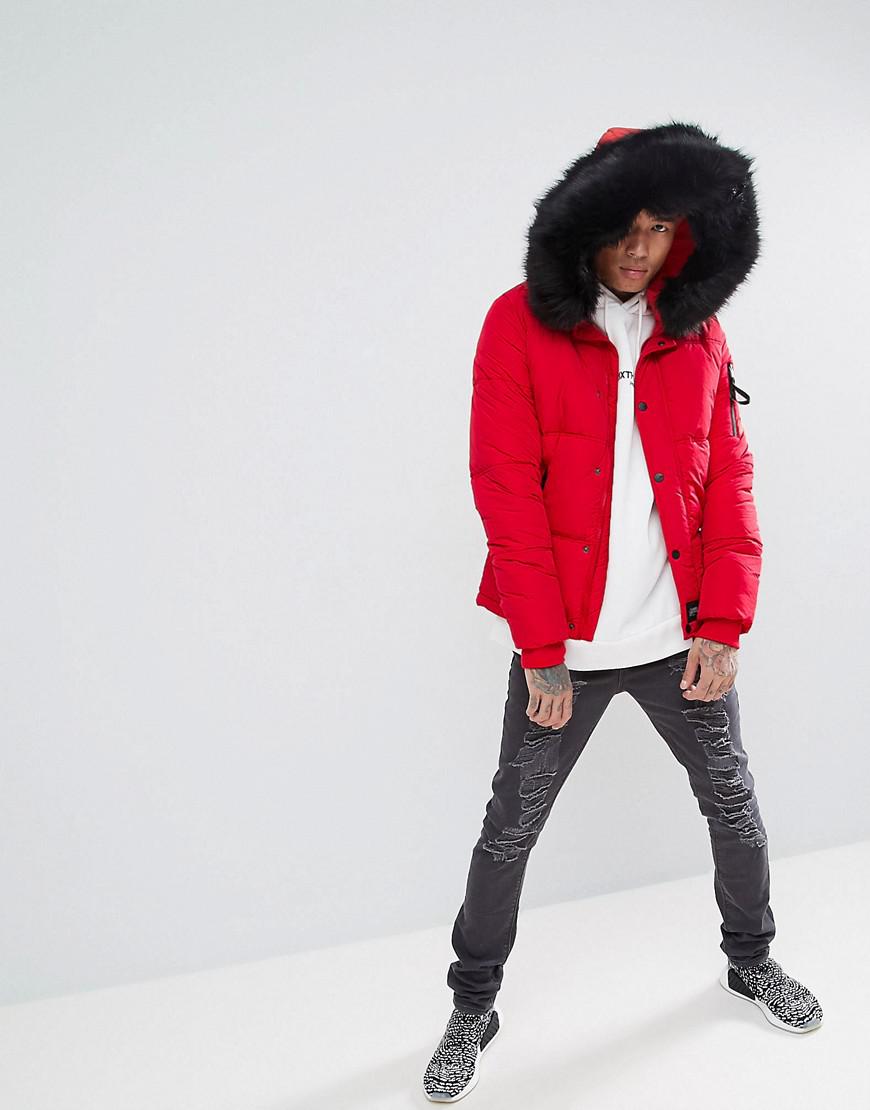 Sixth June Puffer Jacket In Red With Black Fur Hood for Men | Lyst