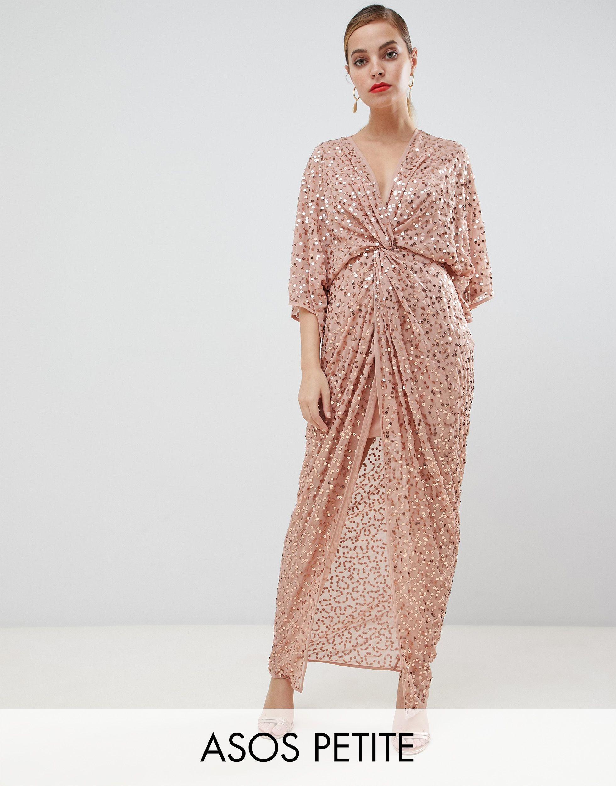 ASOS Asos Design Petite Scatter Sequin Knot Front Kimono Maxi Dress in Pink  | Lyst