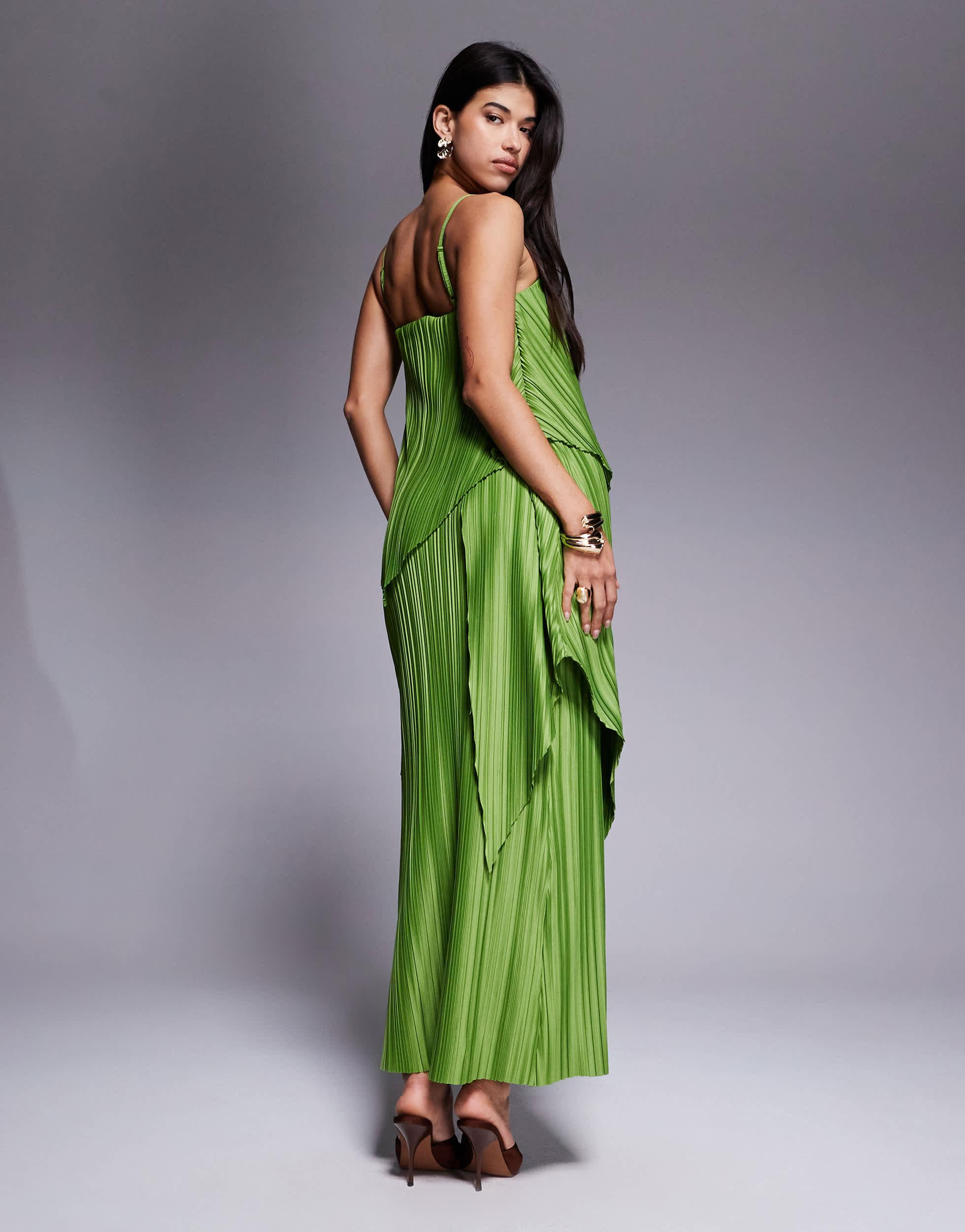 asos green pleated maxi dress ARRANGE chiffon pleat volume maxi dress with wide sleeve in green