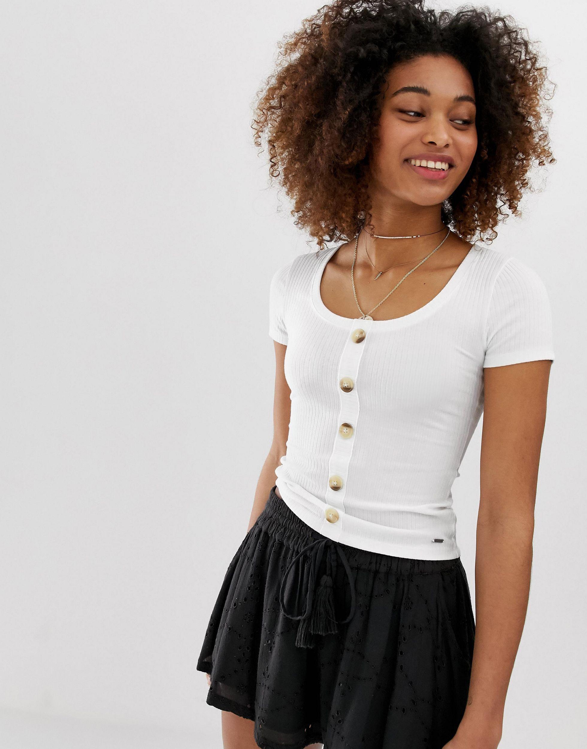 Hollister Henley T-shirt With Button Front in White | Lyst