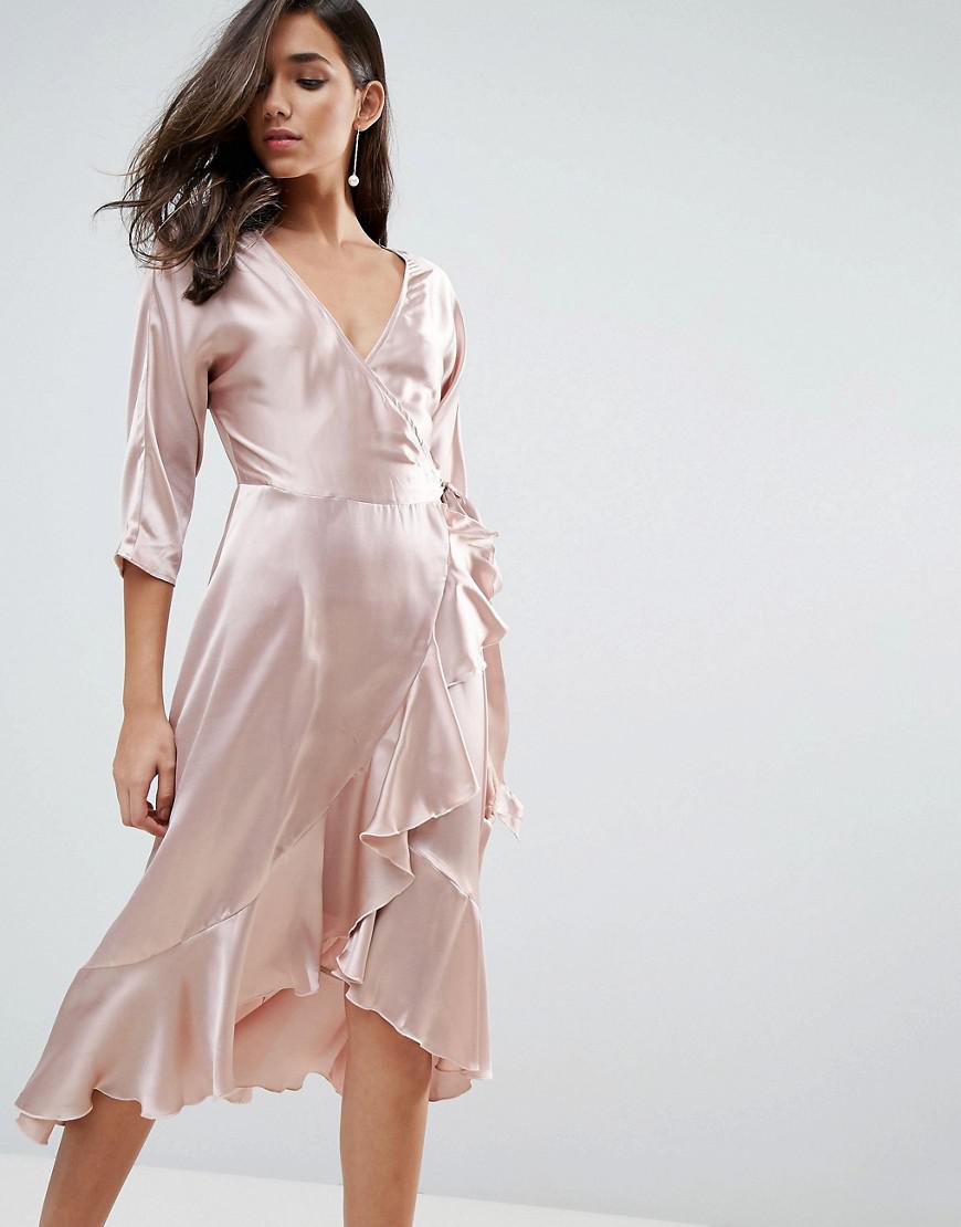 ASOS Synthetic Wrap Ruffle Midi Dress in Pink - Lyst