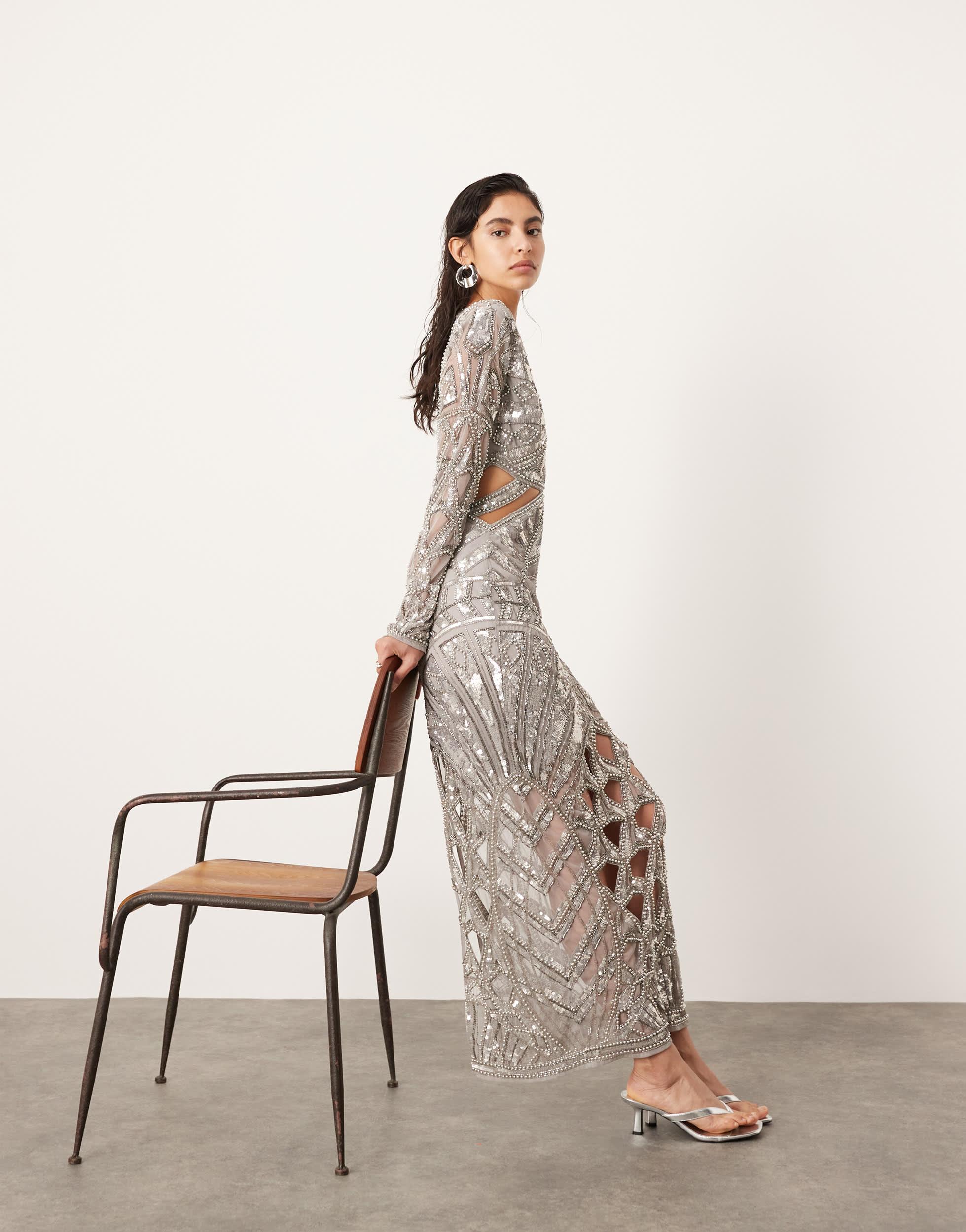 ASOS Embellished Long Sleeve Sequin Cut Work Plunge Neck Midaxi