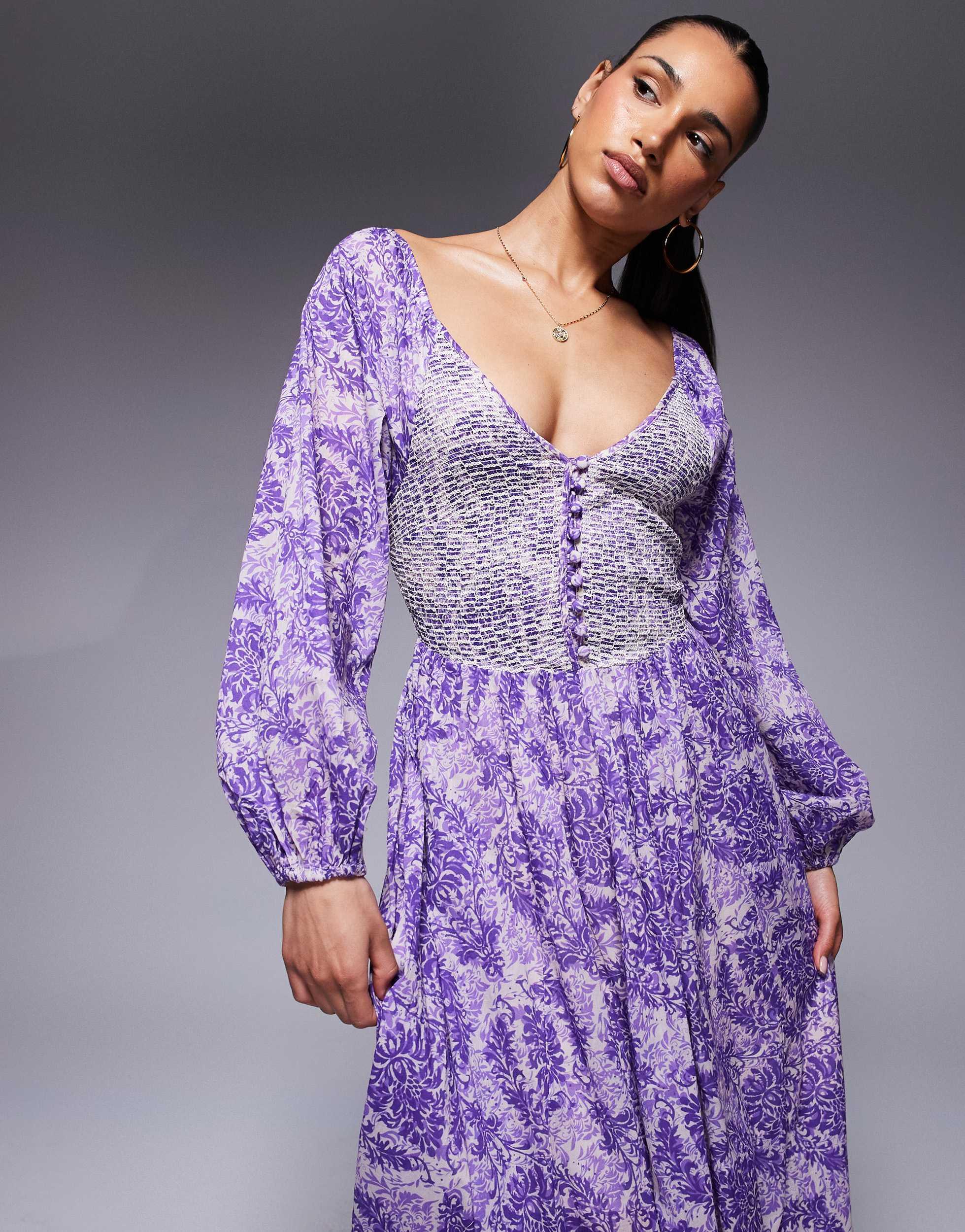 River Island Longsleeve V Neck Printed Maxi Dress in Purple | Lyst
