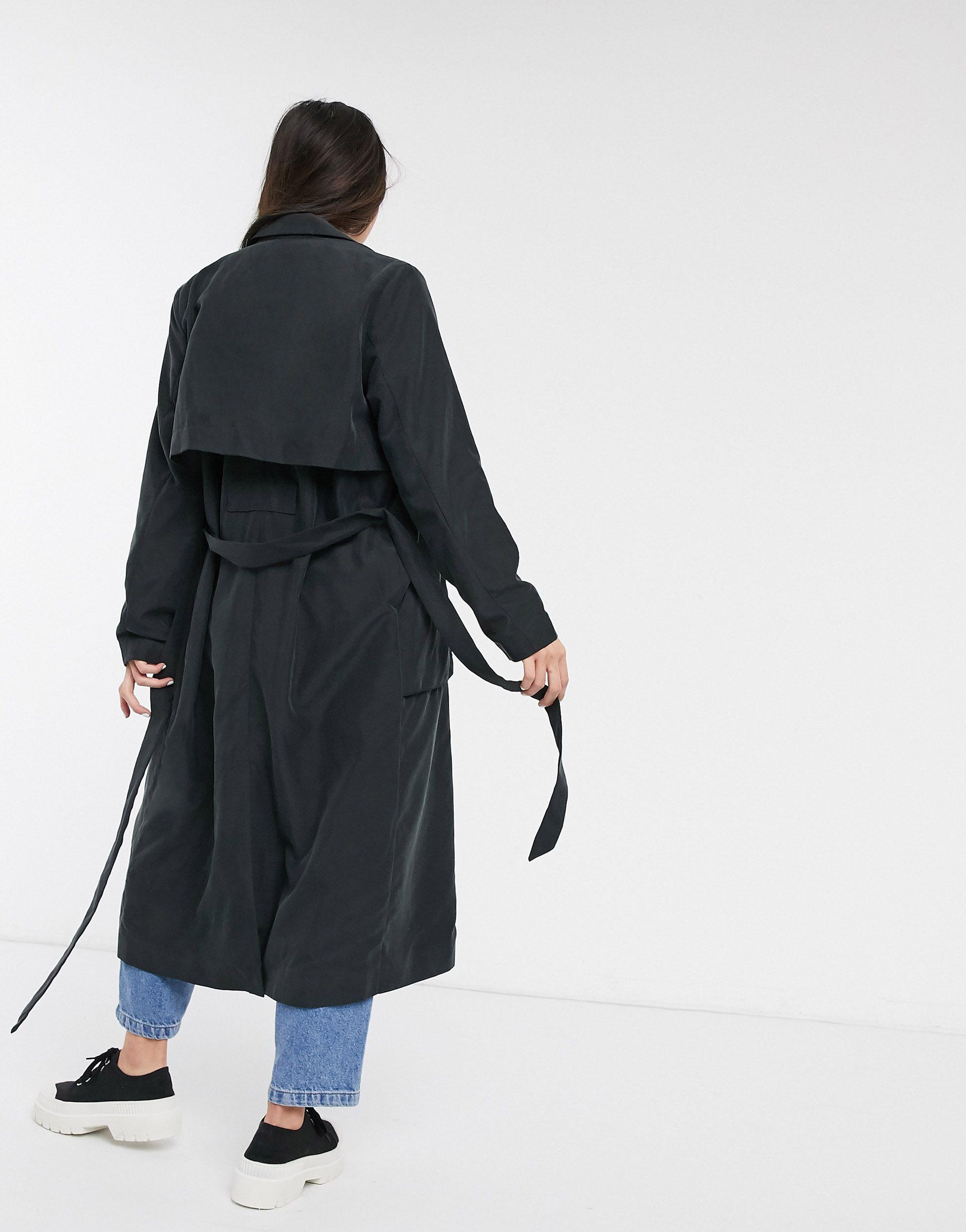 Monki Julie Belted Trench Coat in Black | Lyst
