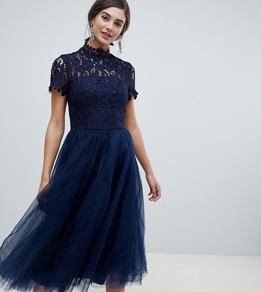 Chi Chi London High Neck Lace Midi Dress With Tulle Skirt in Blue | Lyst
