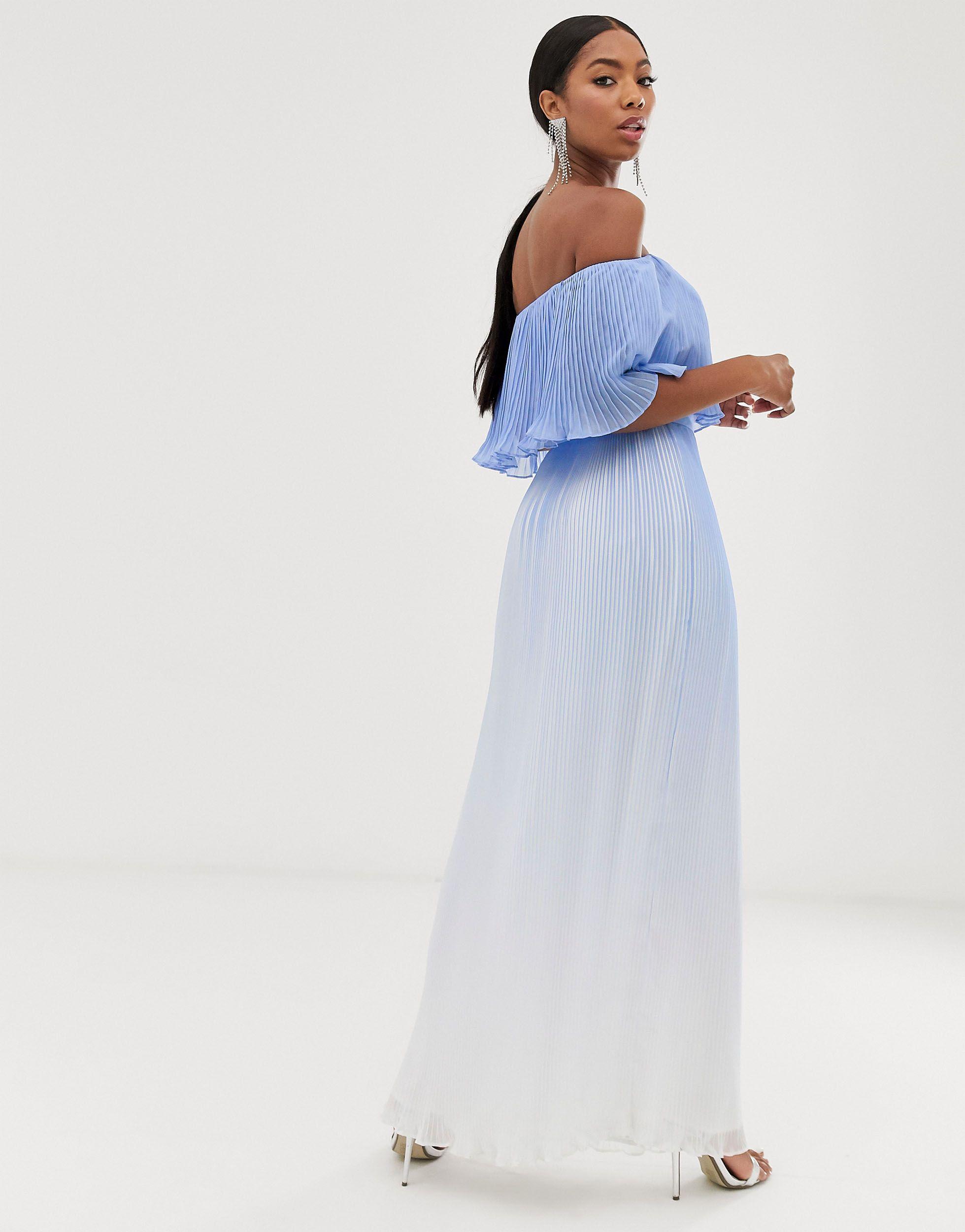 bardot pleated maxi prom dress