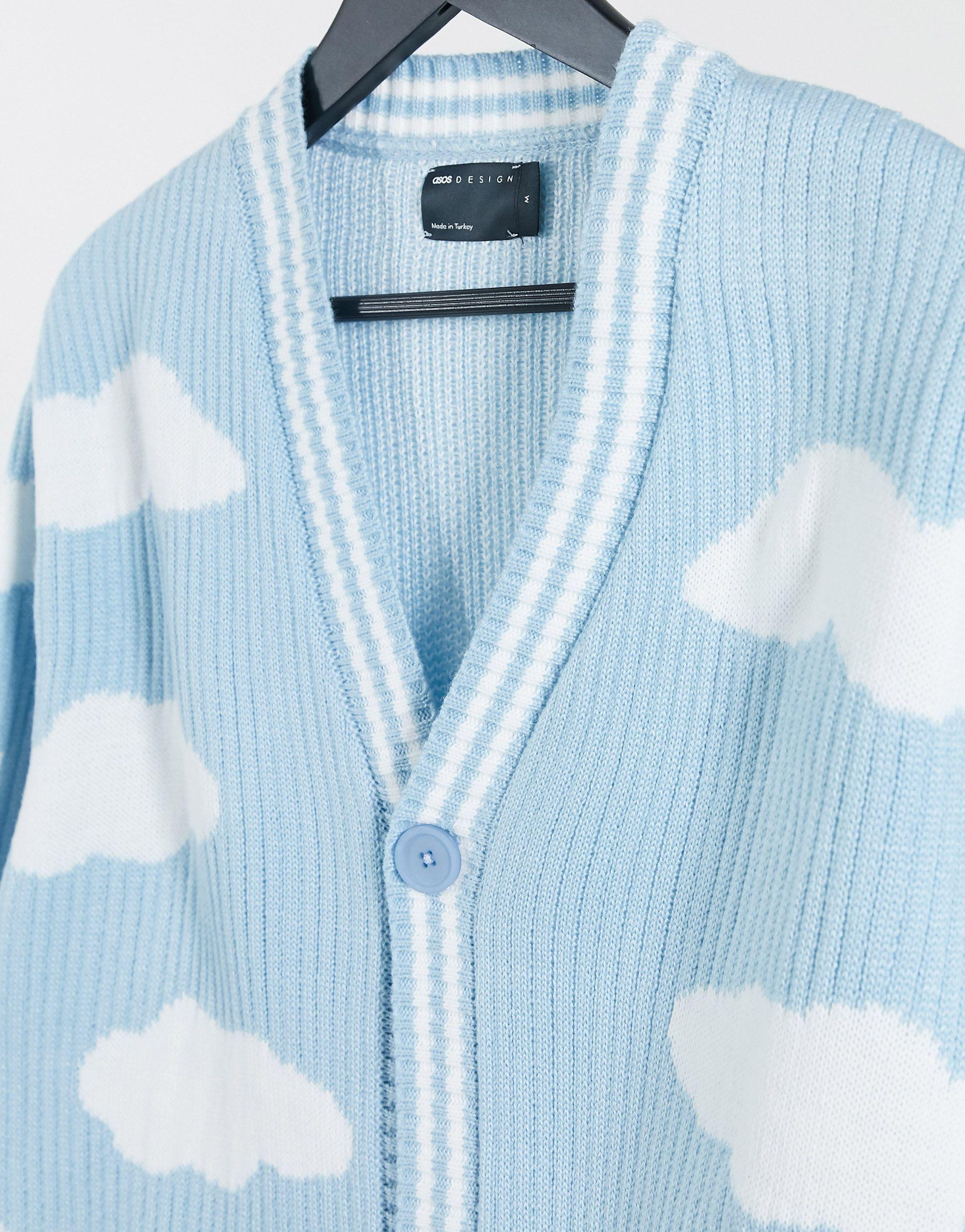 ASOS Oversized Textured Cardigan With Cloud Design Light in Blue for Men |  Lyst
